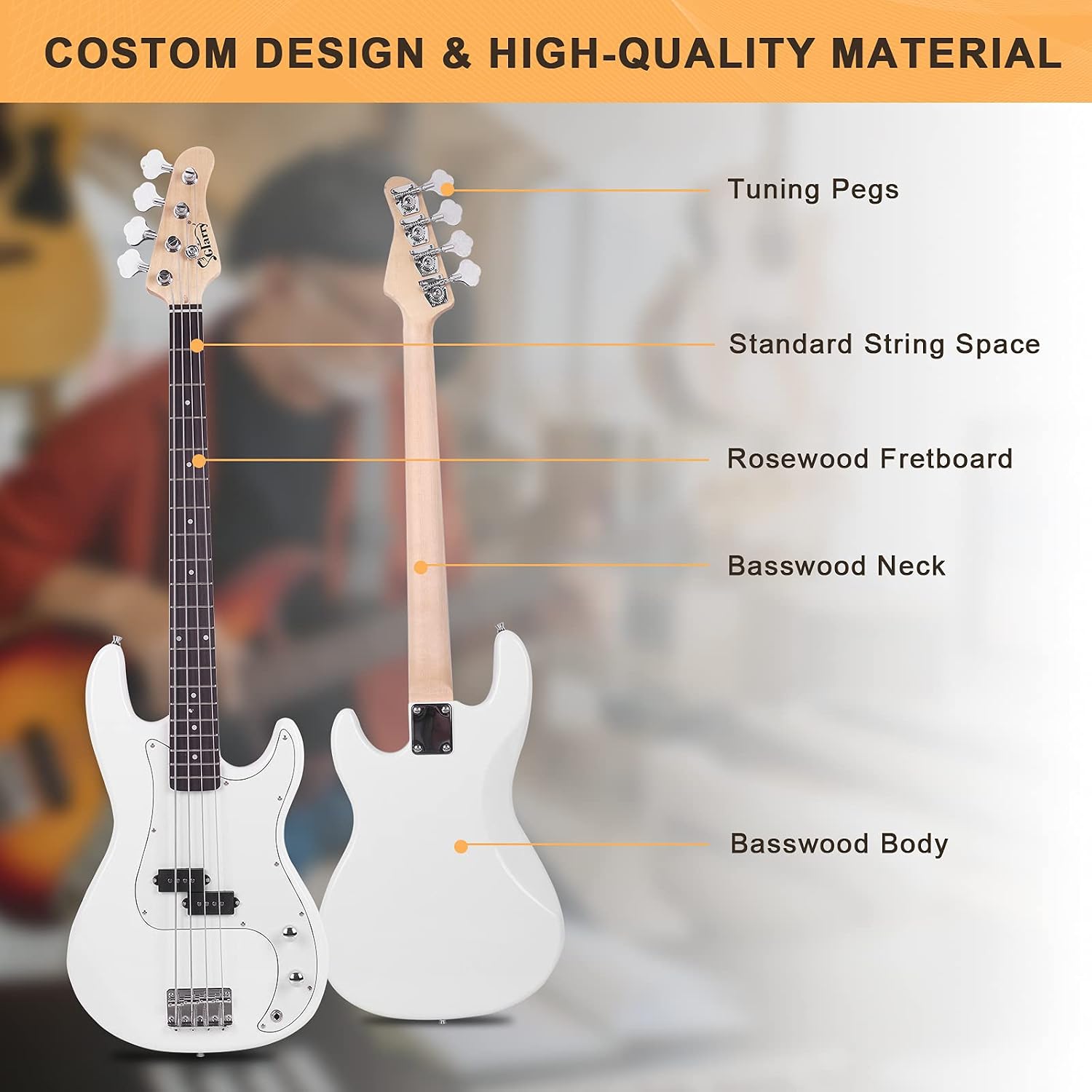 GLARRY Full Size Electric Bass Guitar Beginner Kit 4 String Exquisite Basswood Bass with 20W AMP, Cable, Strap, Bag and Accessories (Transparent Blue, 39"Right Handed)