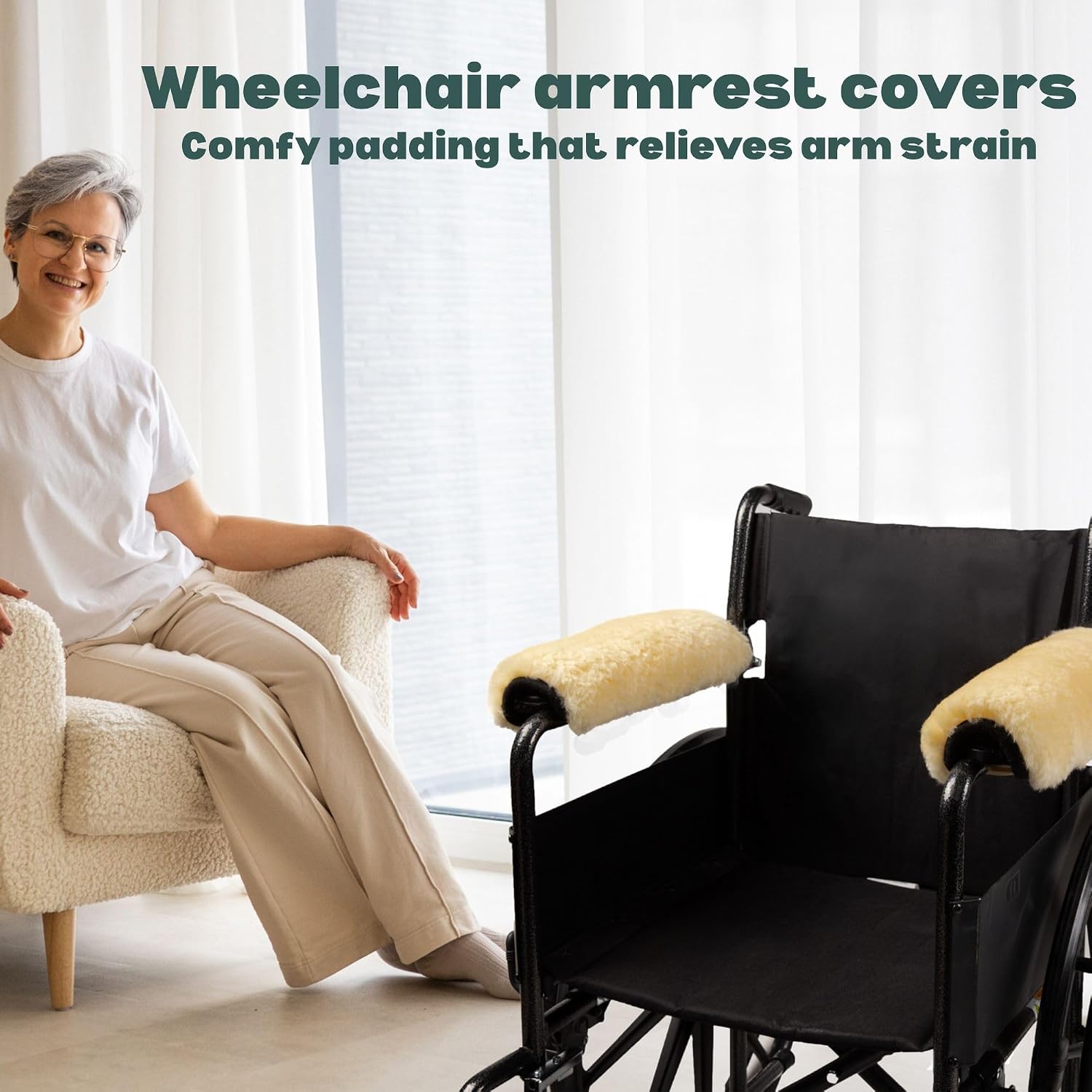 Natural Sheepskin Wheelchair Armrest Pads, Natural, 16 x 4 in