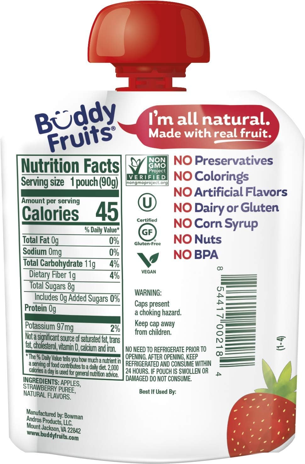 Buddy Fruits Snacks To Go Multifruit Unsweetened Applesauce 3.2oz Pouch (18pk) Gluten-Nut-Dairy-Preservatives-BPA Free, Non GMO, Kosher