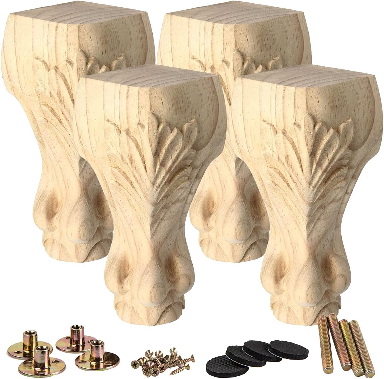 La Vane 6 inch / 15cm Wooden Furniture Legs, Set of 4 European Style Solid Wood Carving Furniture Replacement Feet Decoration for Sofa Cabinet Wardrobe Table Loveseat