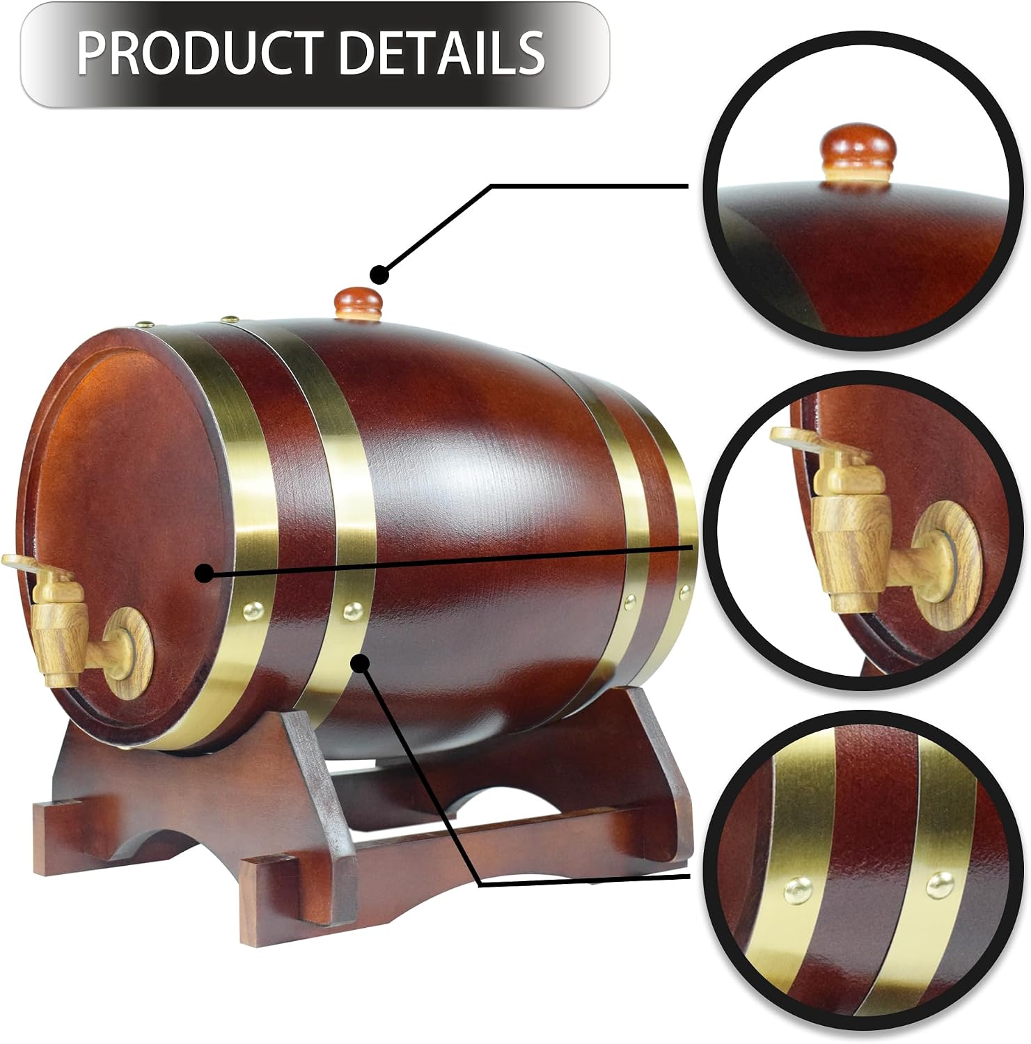 1.5L Whiskey Barrel Dispenser Oak Aging Barrels Home Whiskey Barrel Decanter for Wine, Spirits, Beer, and Liquor (Red Wine)