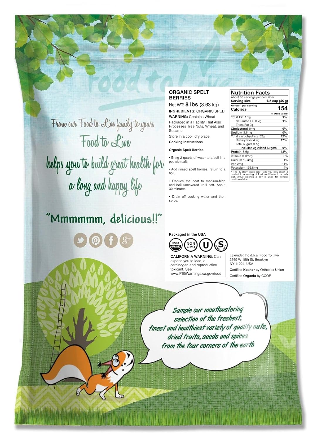 Food to Live Organic Spelt Berries, 3 Pounds - Non-GMO, Whole Grain, Non-Irradiated, Vegan Superfood, Bulk, Product of the USA