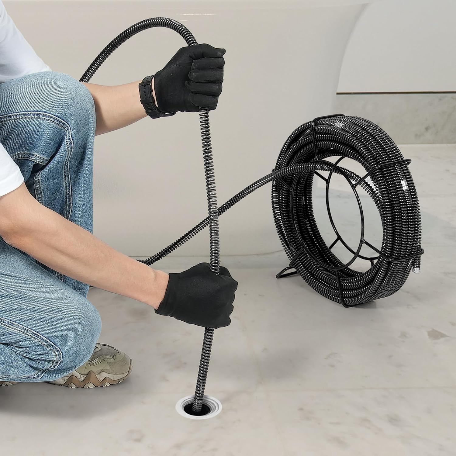 VEVOR Drain Cleaning Cable 100 FT x 5/8 Inch, Professional Sectional Drain Cleaner Cable with 7 Cutters for 0.8" to 3.9" Pipes for Hollow Core Sewer Cleaner Auger Sink, Toilet