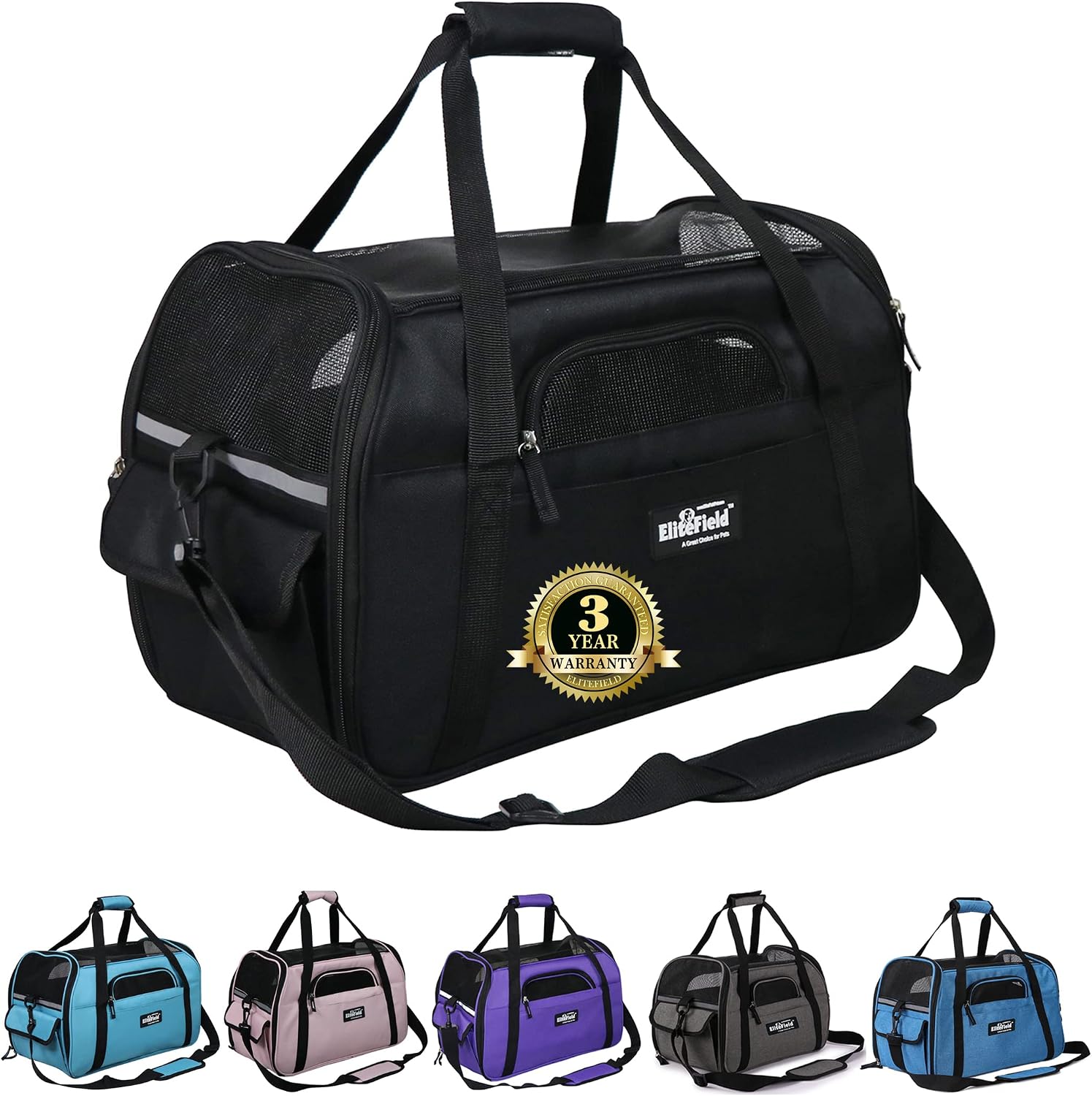EliteField Soft-Sided Pet Carrier for Cats & Small Dogs (3-Year Warranty) | Airline Approved, Removable Bed & Cover, Built-In Leash, Luggage Sleeve, Seat Belt Loop, Waterproof, Durable, Foldable