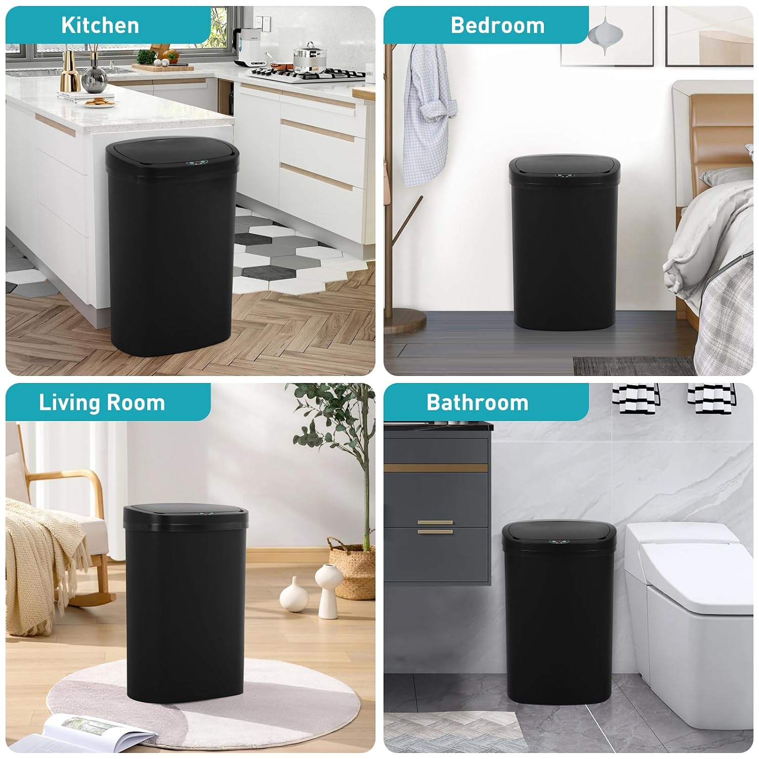 13 Gallon Touch-Free Automatic Stainless-Steel Trash Can Garbage Can Metal Trash Bin with Lid for Kitchen Living Room Office Bathroom, Electronic Motion Sensor Automatic Closure & Opening