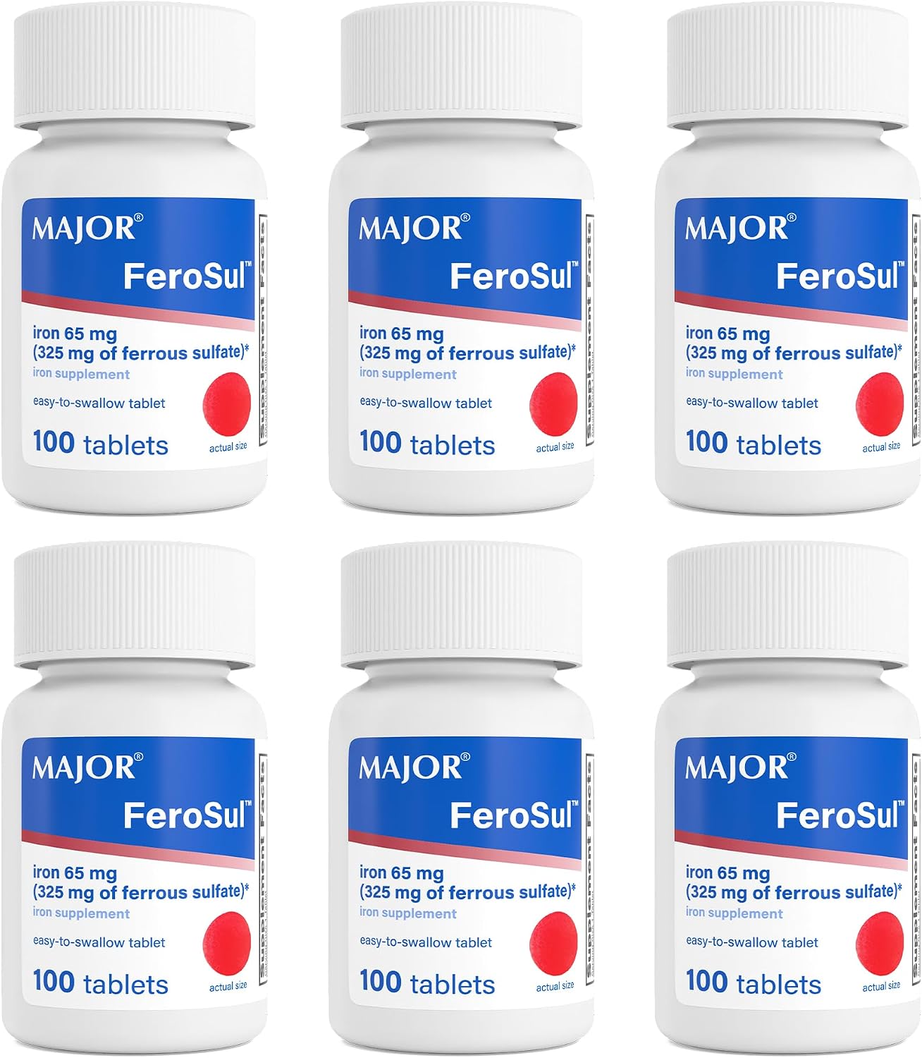 Major Ferosul - Ferrous Sulfate 325mg Tablets with 65mg of Elemental Iron - Iron Supplement for Women, Men - Red - 100 Count (1 Pack)