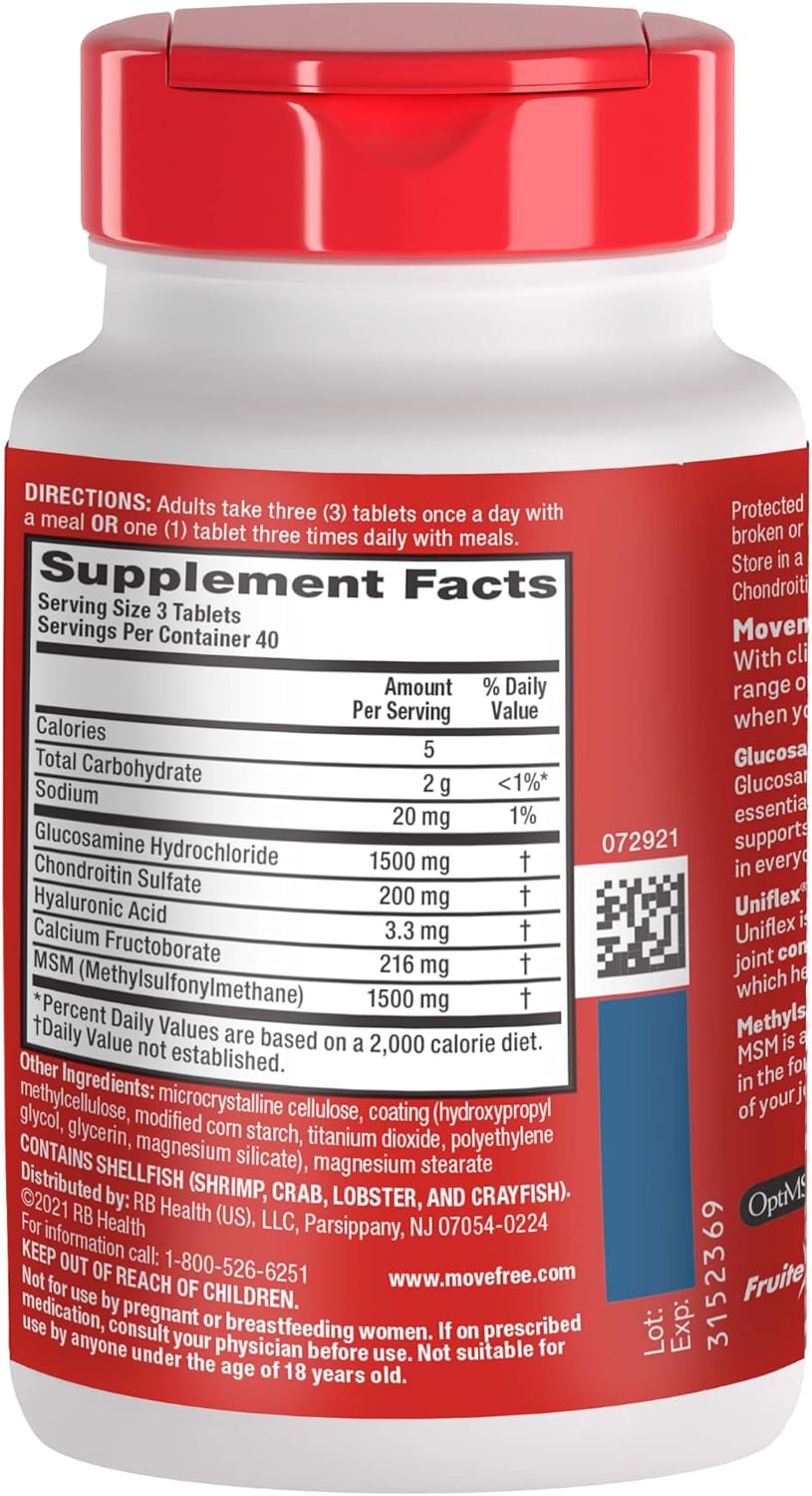Move Free Advanced Joint Support, Glucosamine, Chondroitin + MSM - 120 ct | Supports Mobility Comfort Strength Flexibility & Bone, 40 Servings, Bone & Joint Support Supplement tablets, Fruitx-B