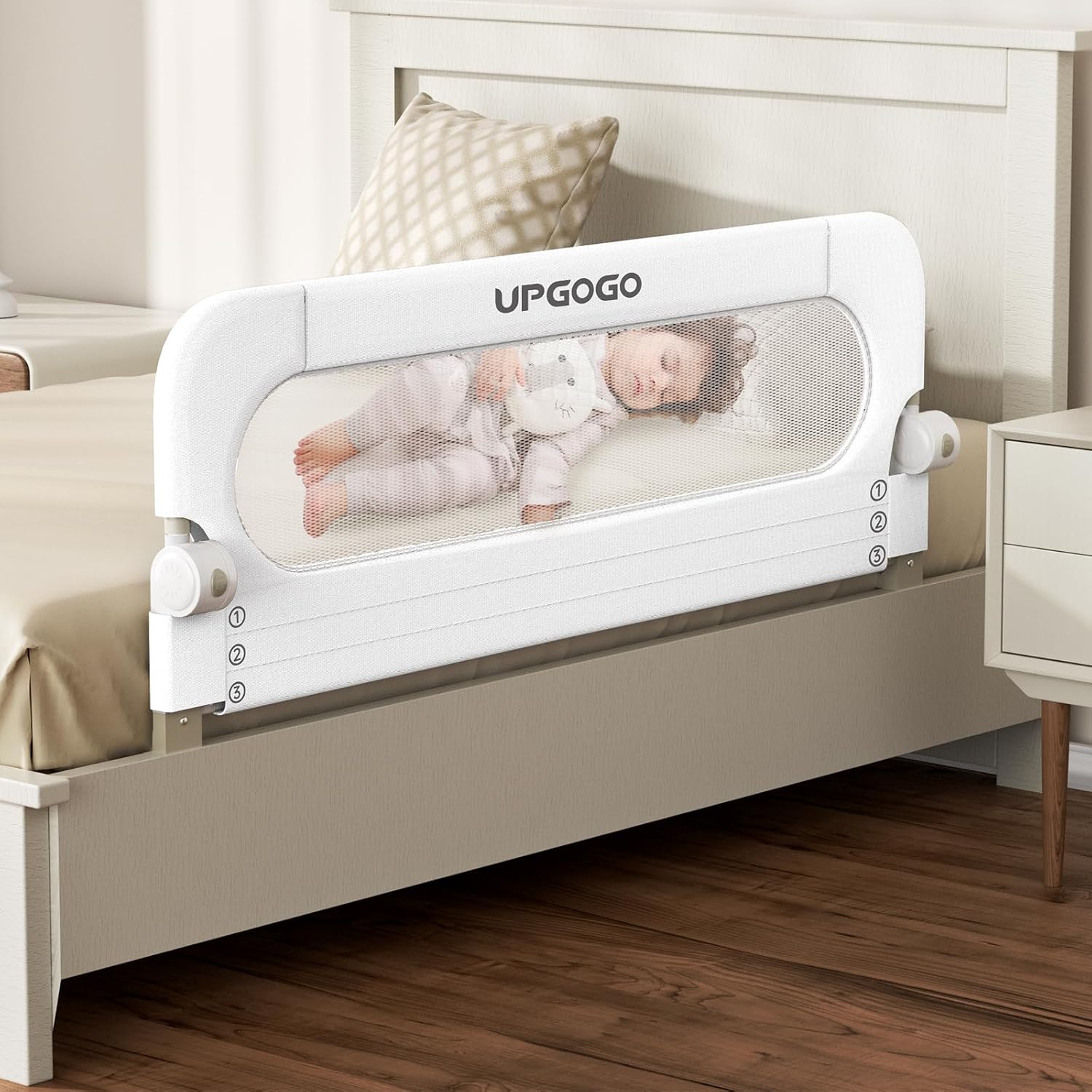 UPGOGO Folding Bed Rail for Toddlers, White, 71" L x 23.6" H | U-shaped base，Reinforced Anchors, Built-in Sponge , Secure lock
