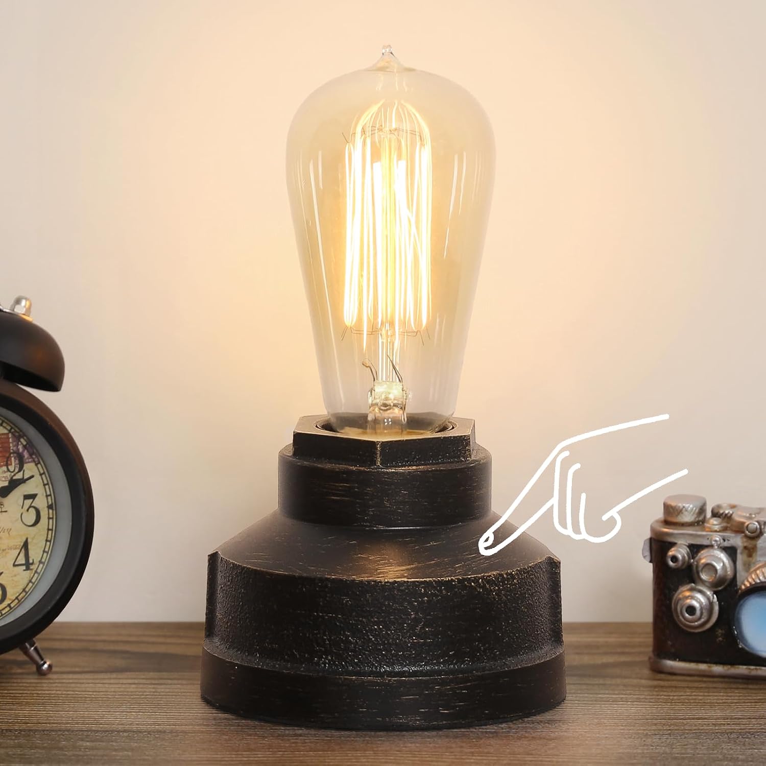 Small Touch Control Table Lamp Base, Industrial Touch Light Vintage Edison Bulb Base, Dimmable Bedside Nightstand Accent Light for Living Room Bedroom