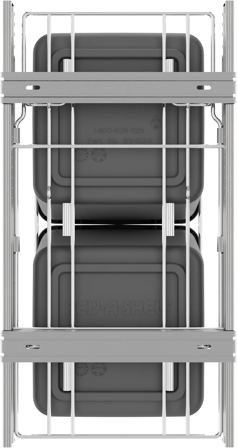 Rev-A-Shelf Double 27 Qt Pullout Trash Can for Base Kitchen Cabinets, Garbage Waste Bin System with Full Extension Slides, Min Opening Width of 11.5", Metallic Silver, RV-15KD-17C S
