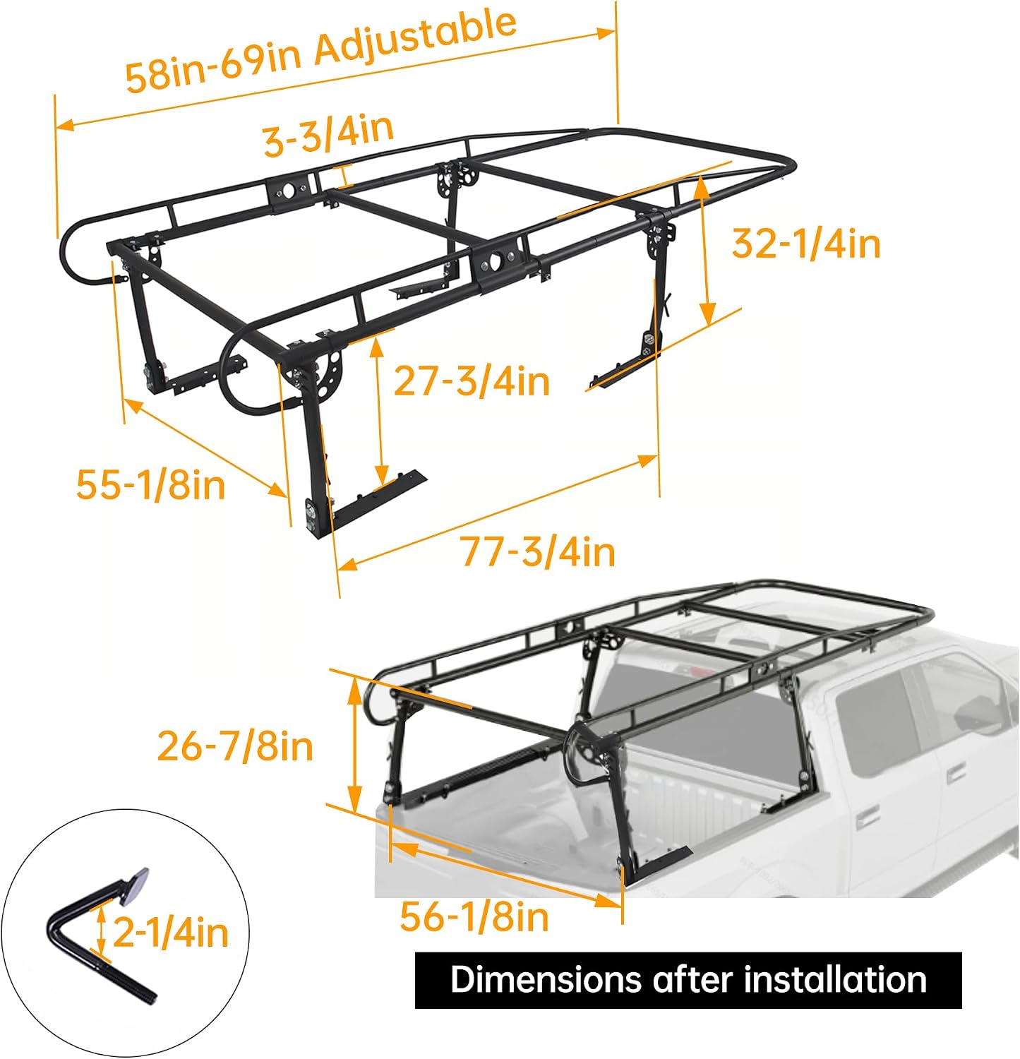 ECOTRIC 1000 LBS Adjustable 58"-69" Universal Truck Bed Rack Contractor Ladder Pickup Lumber Utility Kayak Full Size Rack 60"(W) x 138"(L) x 34"(H)
