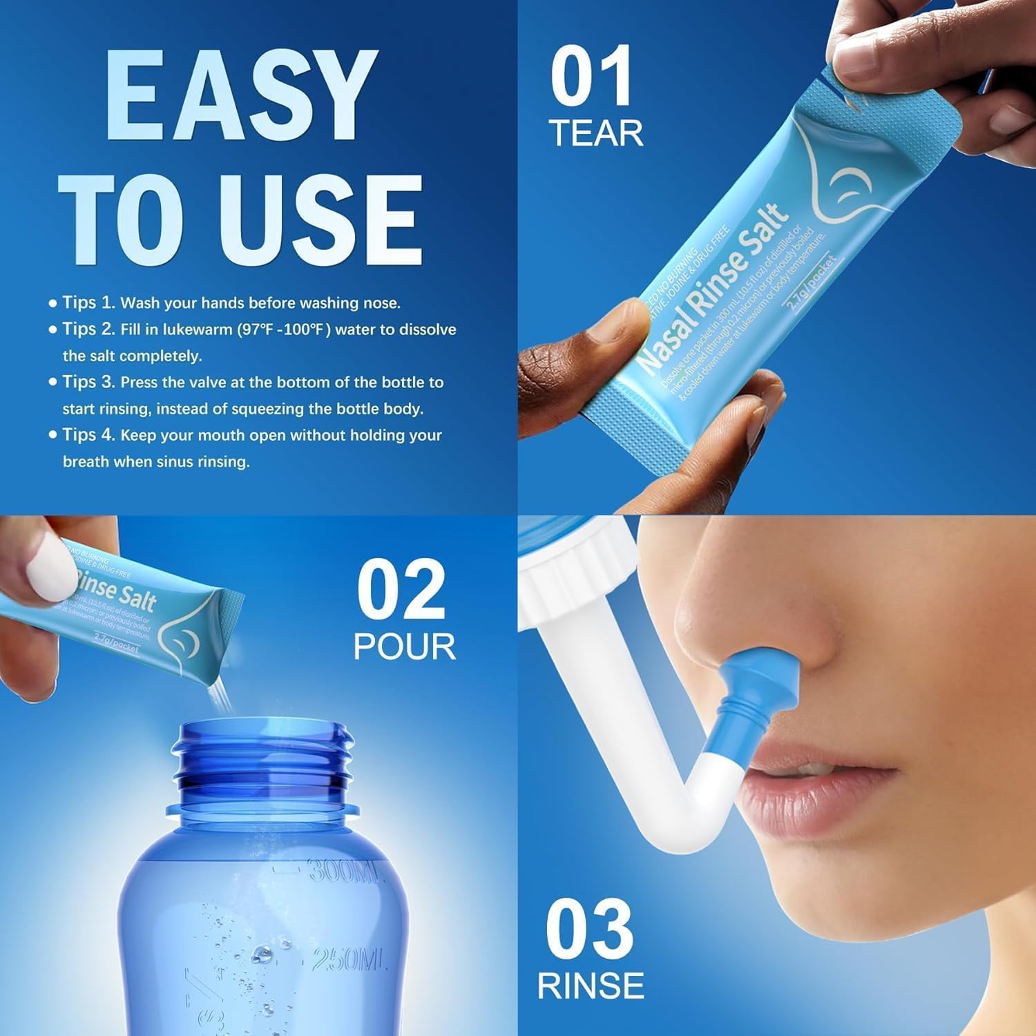 MAOEVER 120 Saline Nasal Packets, Nasal Salt Rinse for Neti Pots & Squeeze Bottles, Individually Wrapped & pH Balanced, Cooling Sinus Relief & Nasal Care(120, Mint Green)