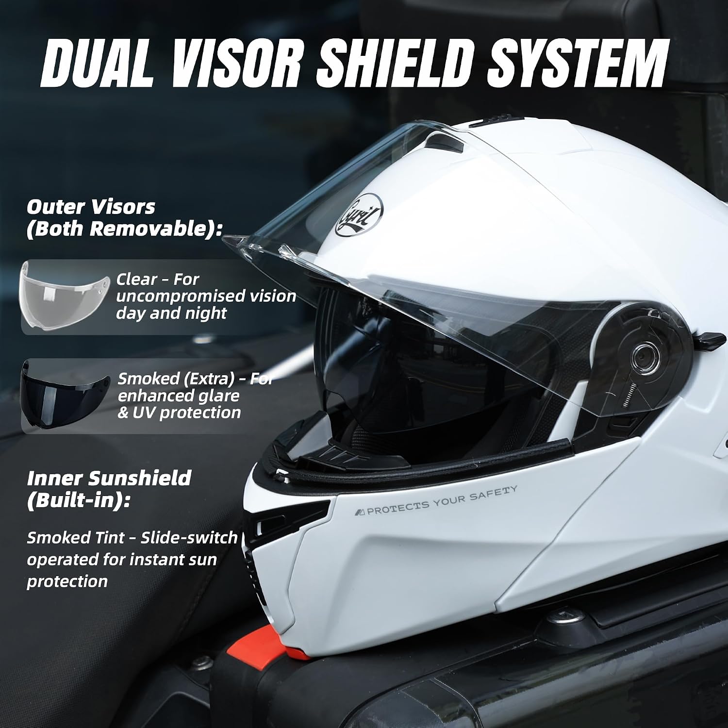 CYRIL Modular Motorcycle Helmet DOT Approved, Flip Up Full Face for Adults | Intercom ready, glasses friendly design with dual visors, extra smoke shield and carrying bag for street riding