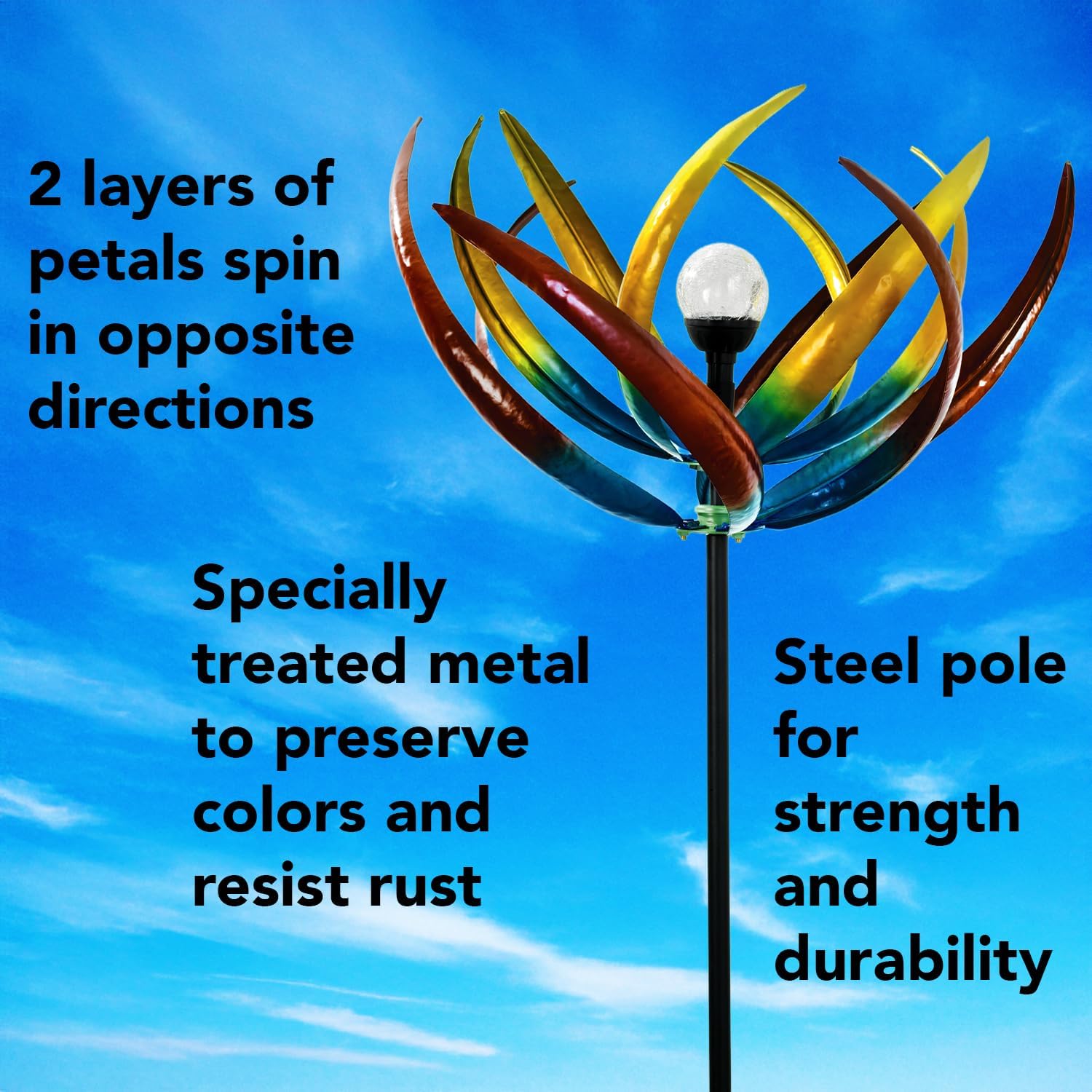 Bits and Pieces Tulip Wind Spinners Outdoor Solar Lighted Metal Wind Spinner, Large Kinetic Garden Sculptures, Crackle Glass Light