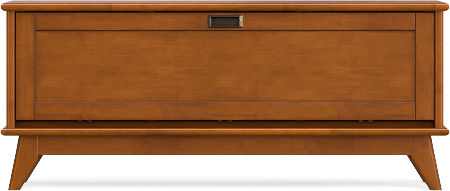 SIMPLIHOME Harvey 47" Wide Solid Mango Wood Bench in Natural | Traditional entryway bench in dark chestnut brown with a lift-up lid and 3 hidden compartments; shoe or hallway bench.