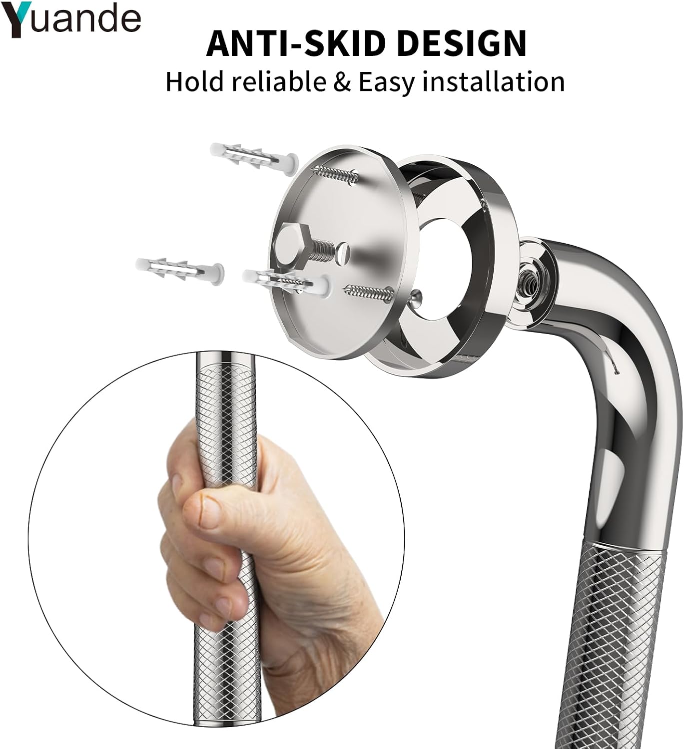 40 Inch Brushed Nickel Shower Grab Bar Anti-Slip Knurled Grip,Safety Handle | YuanDe 1.25" Diameter Stainless Steel Bathroom Grab Bars, Handicap Injury Elderly Senior Assist Support Shower Handle-2Packs