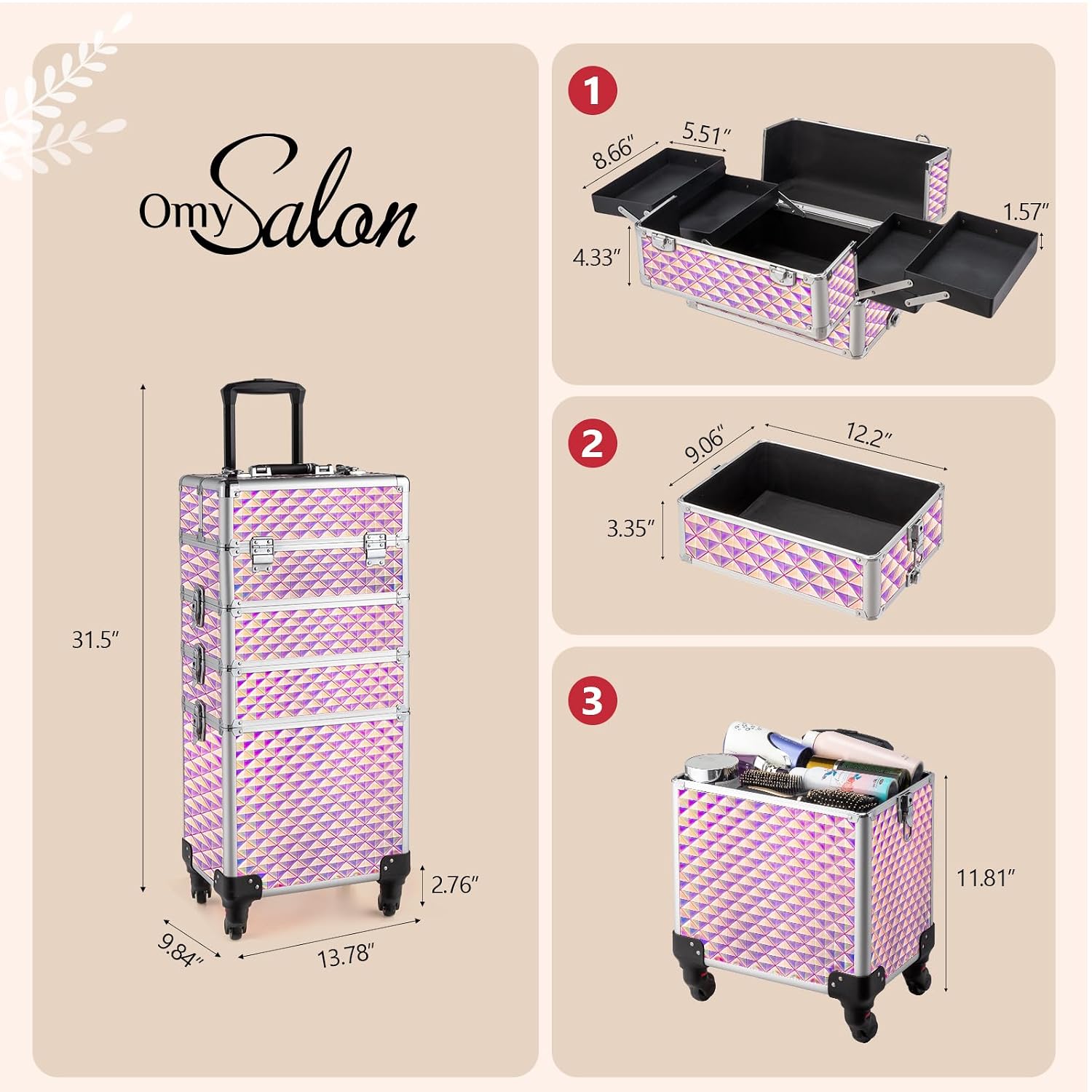 mefeir 4 in 1 Rolling Makeup Train Case, Aluminum Makeup Travel Organizer Cosmetic Case, Cosmetology Display Suitcase on Wheels, Beauty Storage Luggage Lockable w/4 Removable Wheels (Black)