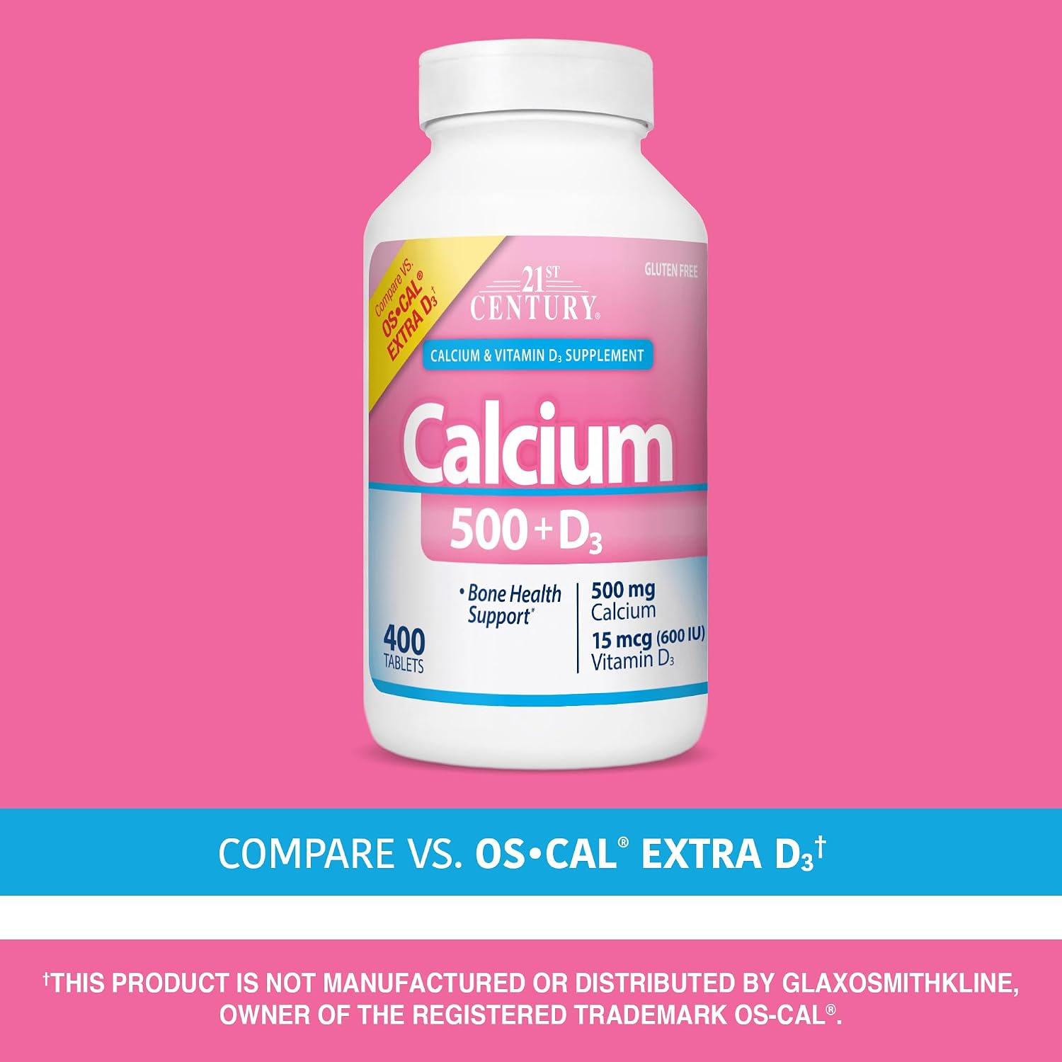 21st Century Calcium 500 Plus Extra D3 Caplets, Bone Health, 400 Count | Calcium 500 mg with Extra Vitamin D3 600 IU, Bone Strength & Density Support