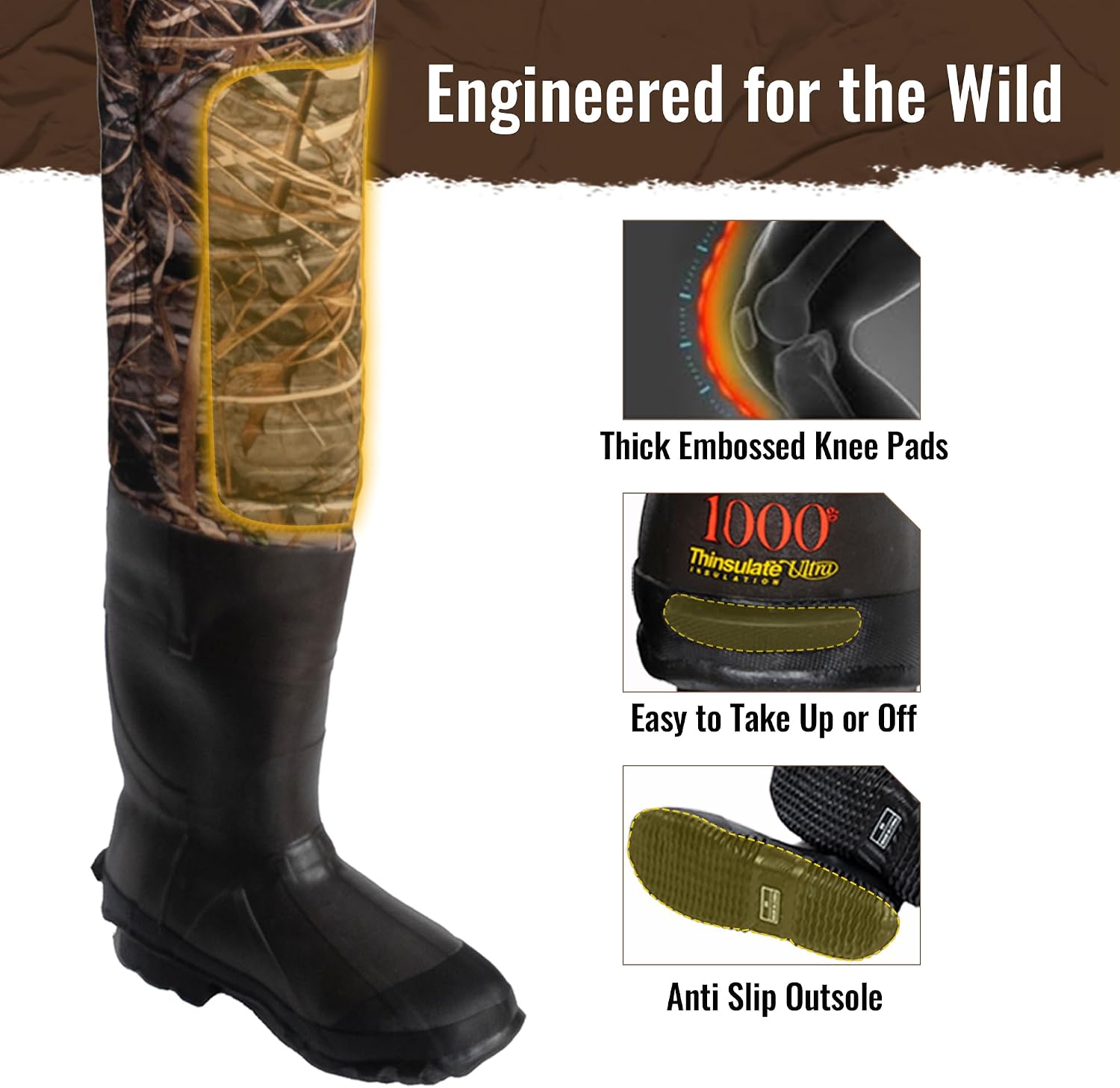 Hunting Waders with 1000G Insulation Rubber Boots, Neoprene Chest Wader, Waterproof Bootfoot Waders for Men & Women