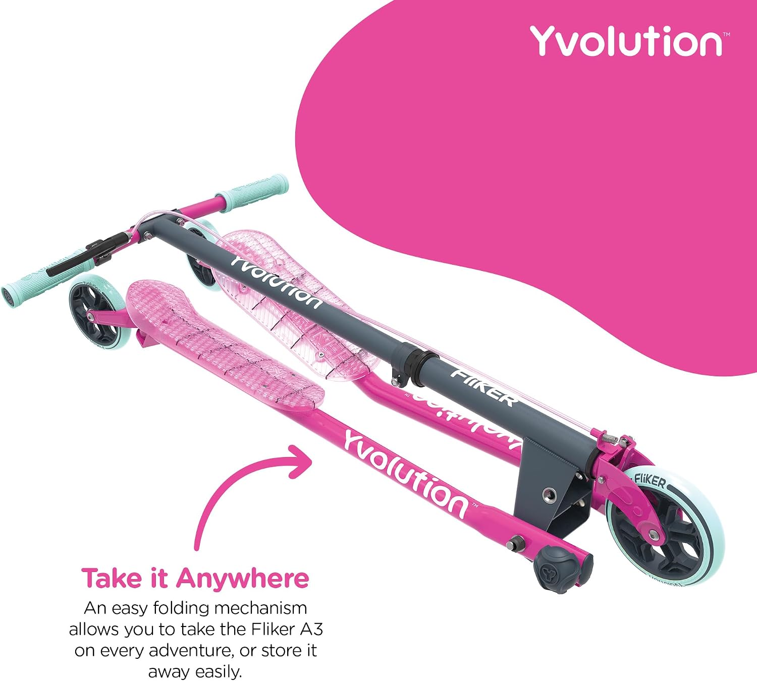Yvolution Fliker A3 Drift Scooter, 3 Wheels Kids Wiggle Scooter, Foldable, Handbrake, Caster Wheels, for Boys and Girls Aged 7+ Years Old