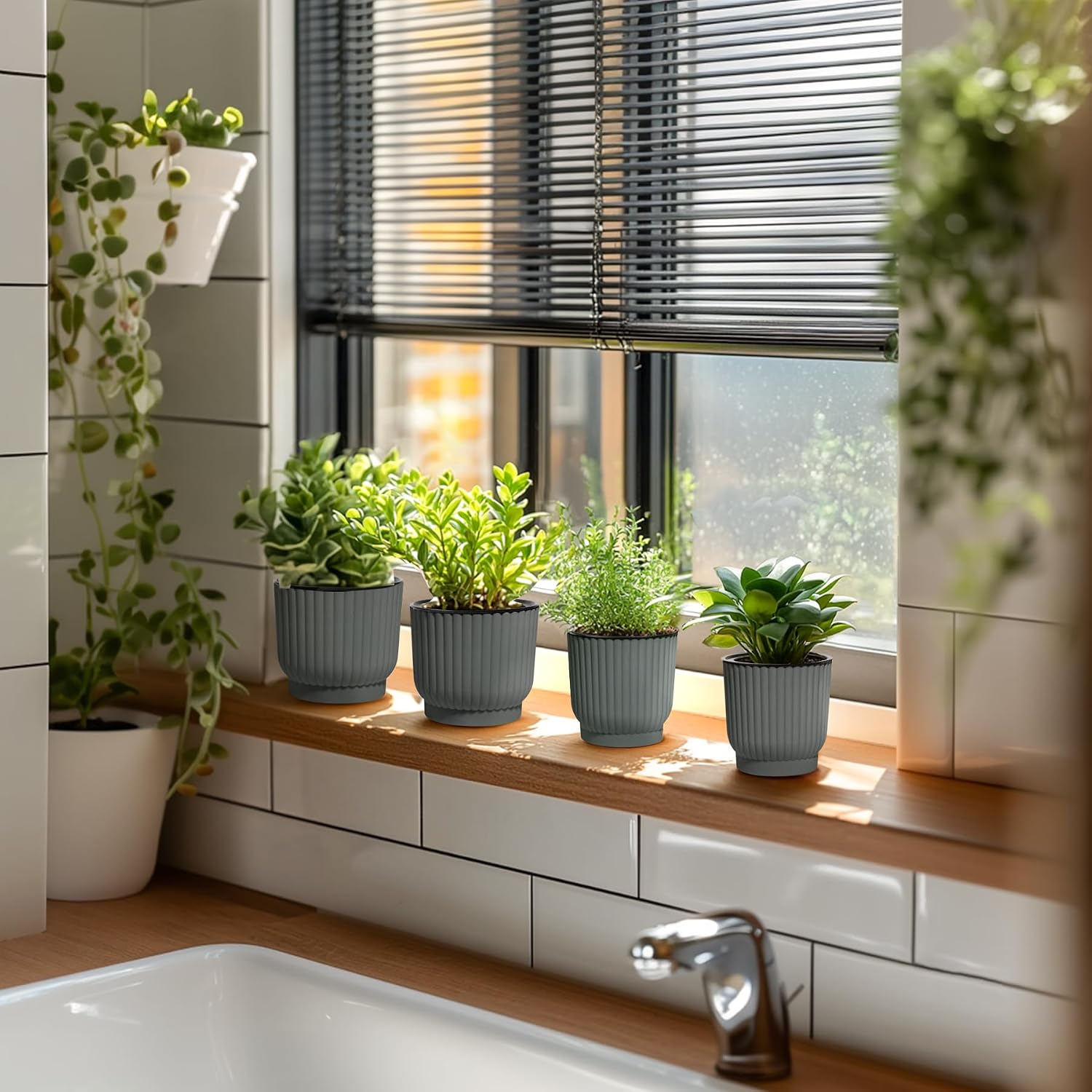 T4U Self Watering Pots for Indoor Plants, 4 Inch 6 Pack Planter White