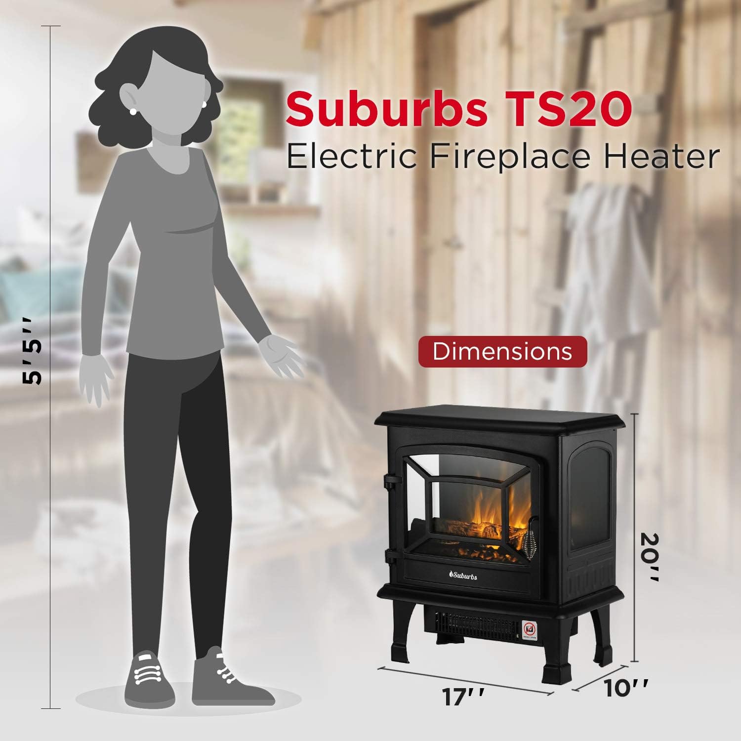 TURBRO Suburbs TS20 Electric Fireplace Heater, Freestanding Fireplace Stove with Realistic Dancing Flame Effect - CSA Certified - Overheating Safety Protection - Easy to Assemble - 20" 1400W Black