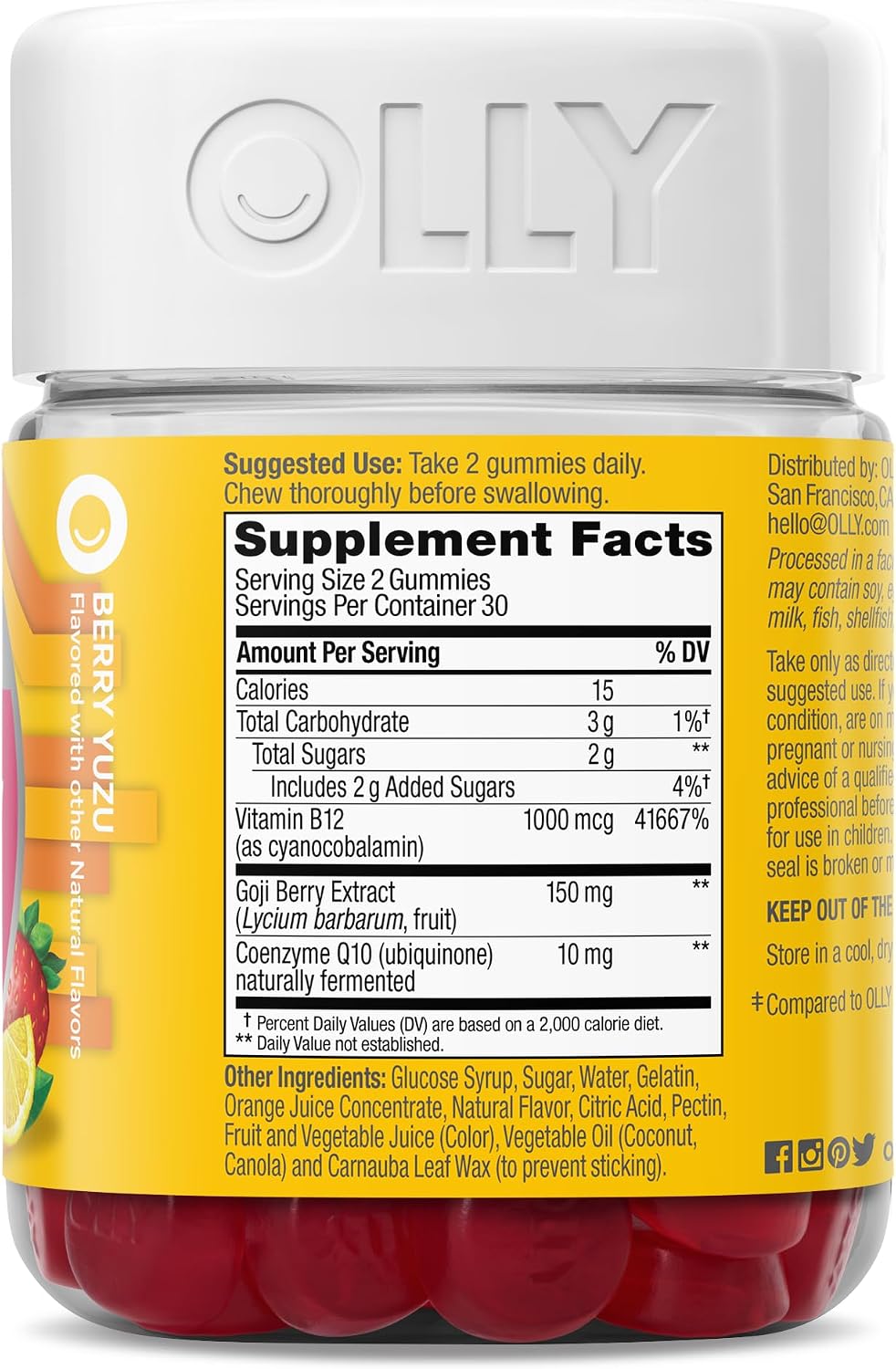 OLLY Daily Energy Gummy,Vitamin B12, CoQ10, Goji Berry - 60 Count
