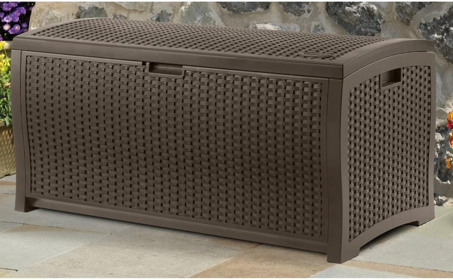 Suncast 99 Gal Wicker Resin Deck Box, Storage Chest Bin with Handles, Java
