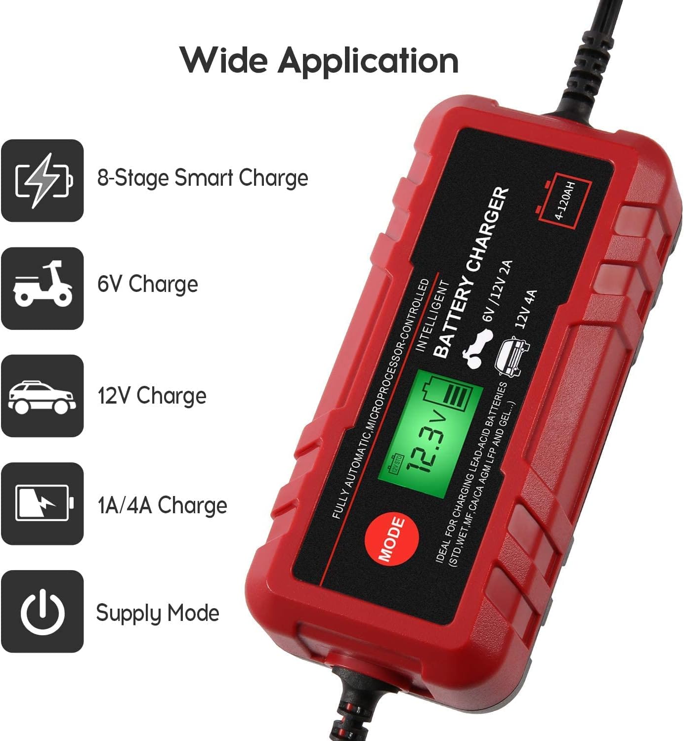 4A Smart Car Battery Charger, 6V 12V Automotive Charger Maintainer