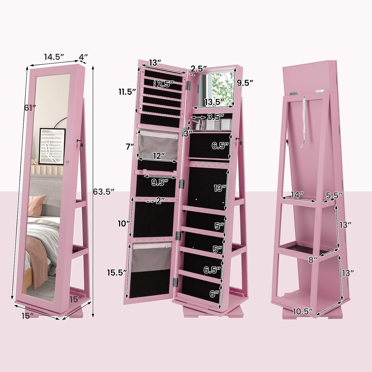 CHARMAID 360° Swivel Jewelry Armoire with Higher Full Length Mirror, Standing Lockable Jewelry Cabinet Organizer with Large Storage Capacity