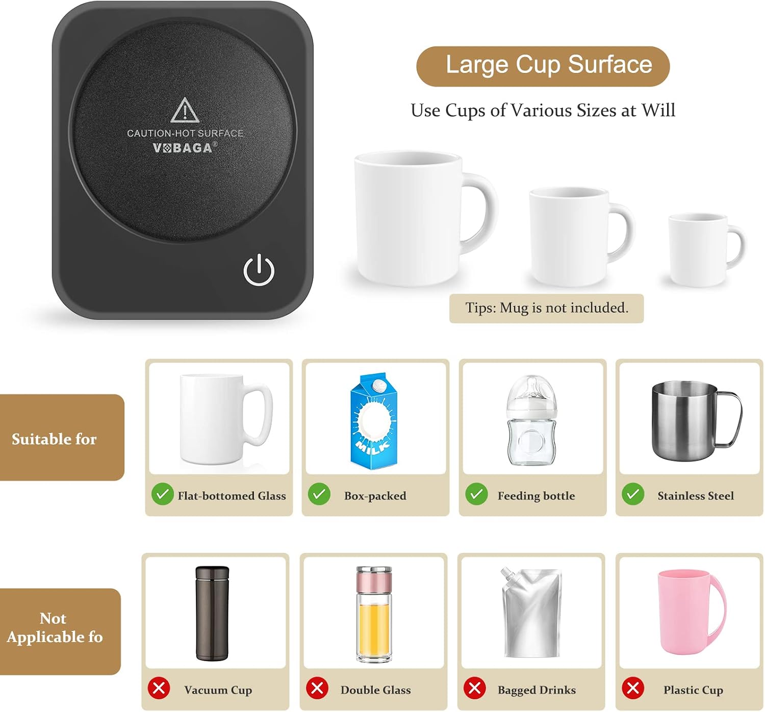 VOBAGA Coffee Mug Warmer for Desk with Auto Shut Off & 3-Temp Settings, Coffee Cup Warmer with Smart Safety Alert Home Office Accessory