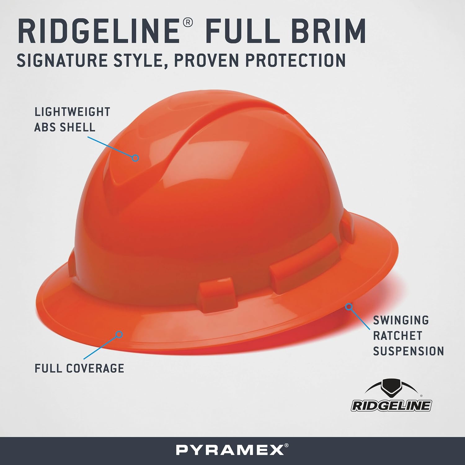 Pyramex Ridgeline Full Brim Hard Hat 4 Point Ratchet White | Full-brim sun & rain protection, HDPE shell, Ratchet suspension, Construction & utility, ANSI Z89.1 Type I Class C/G/E