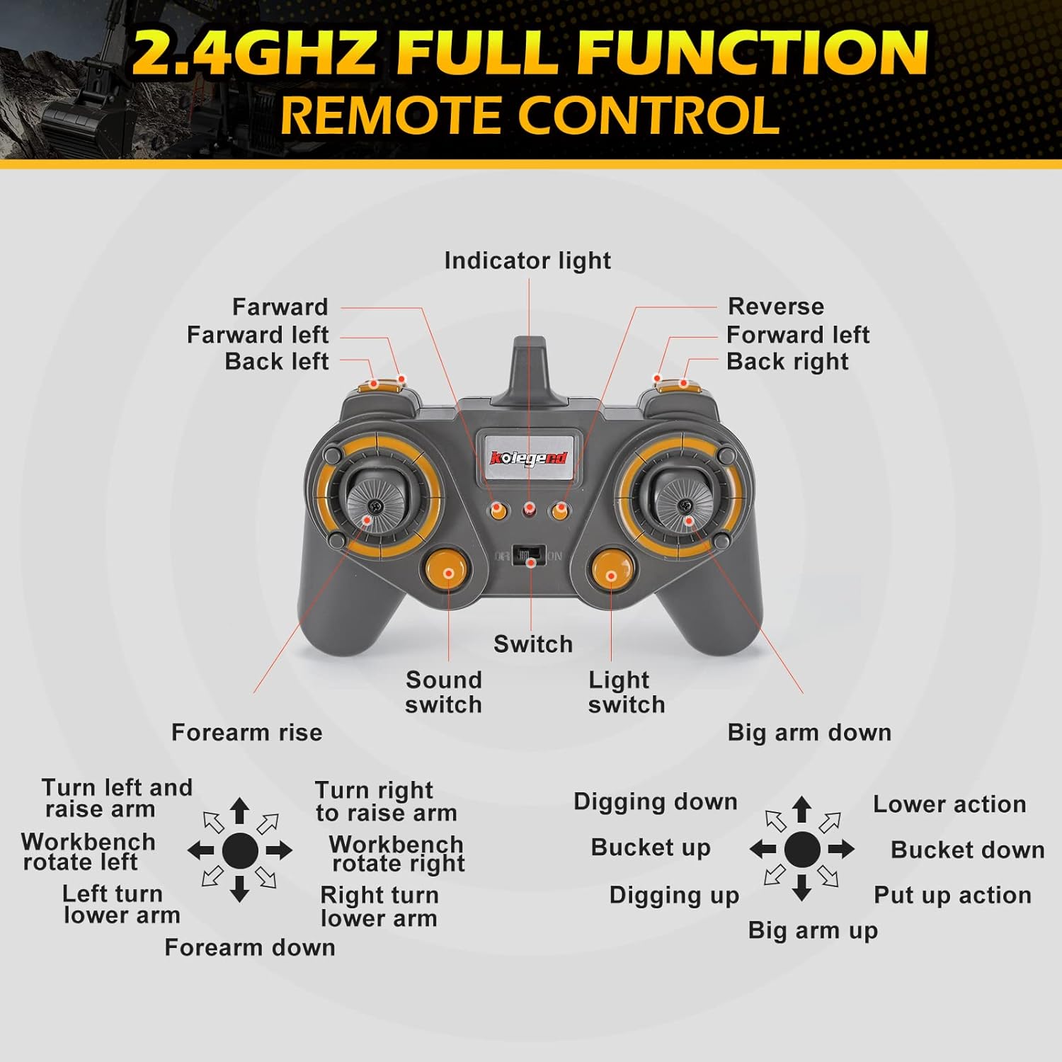 kolegend Remote Control Excavator Toy 1/14 Scale RC Excavator