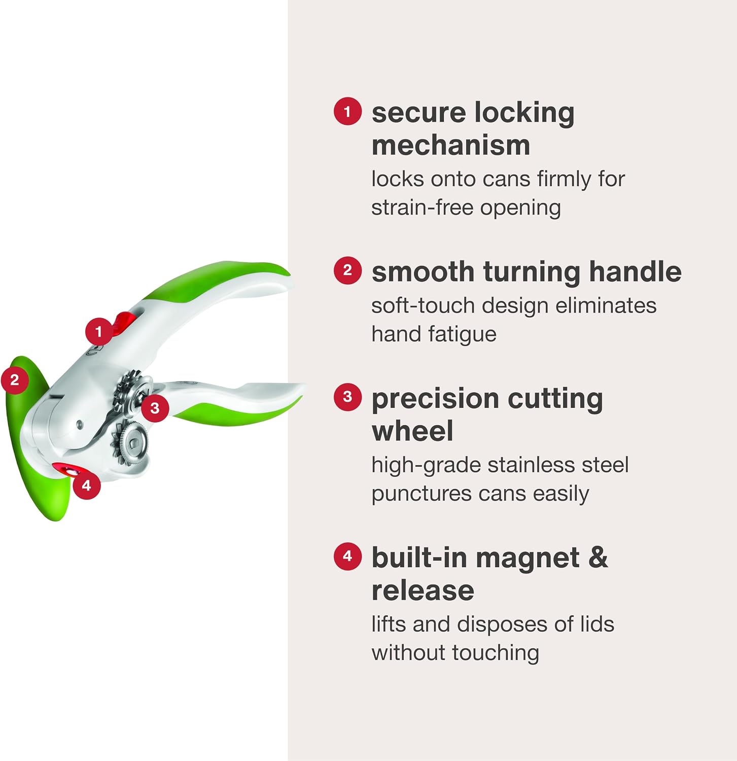 Zyliss Lock N' Lift Can Opener with Lid Lifter Magnet - Manual Opener with Locking Mechanism - Easy-to-Turn - Magnetic Can Opener - White/Gray