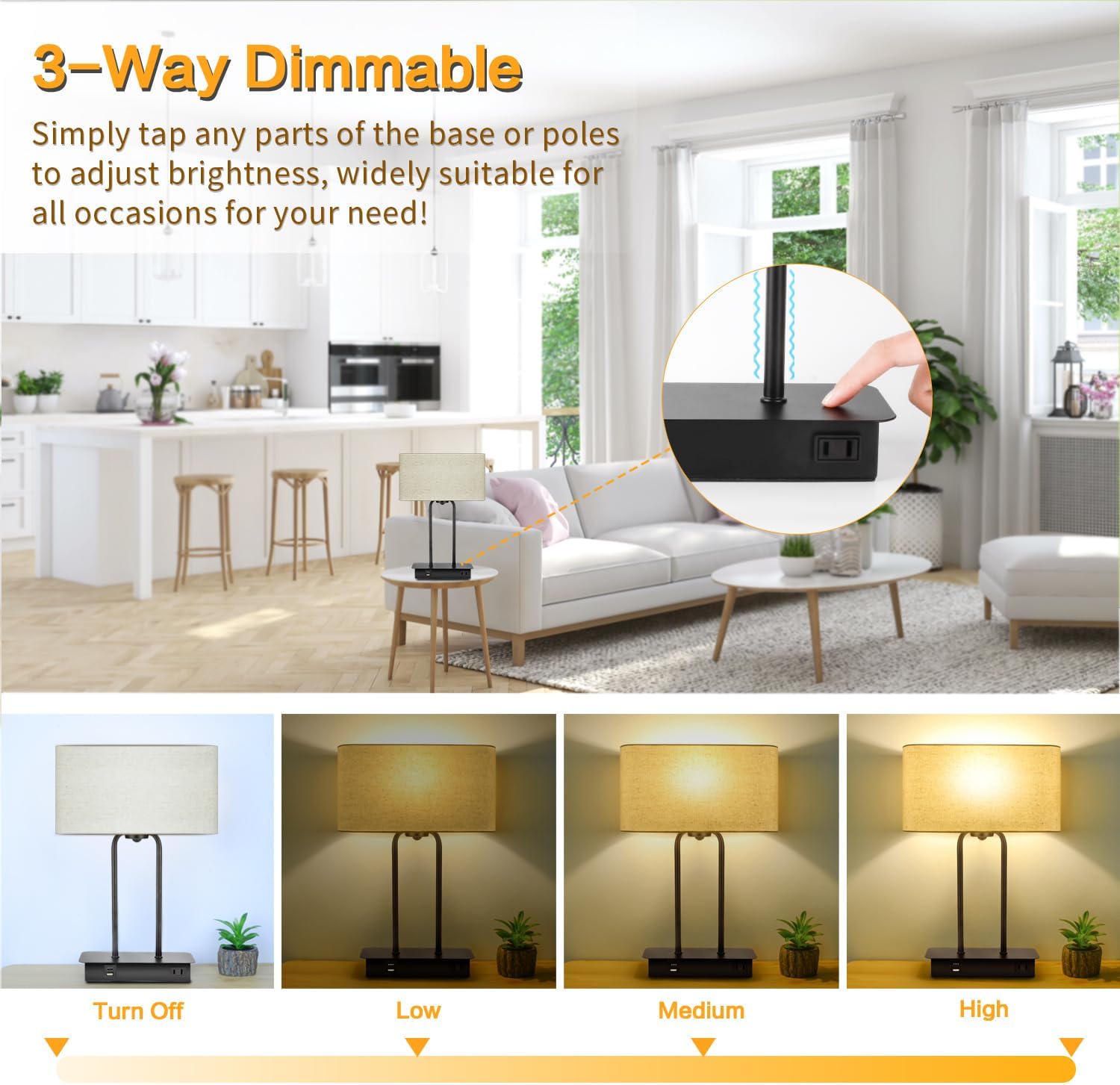 16’’ Table Lamp for Bedroom, Bedside Nightstand Lamp with LED Bulb | 3-Way Dimmable, Touch Control, 2 USB Charging Ports, AC Outlet, Modern Style