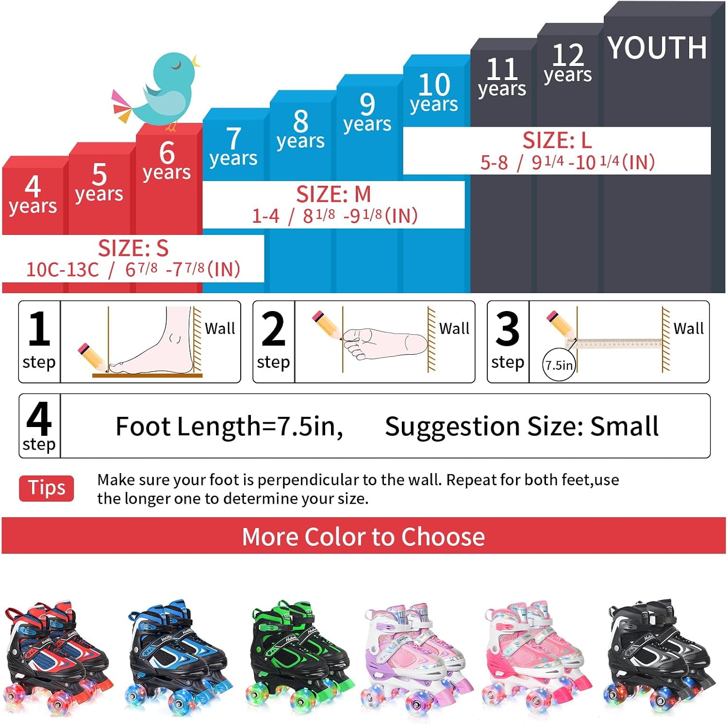Nattork Kids Roller Skates for Boys Girls Kids, 4 Sizes Adjustable Quad Skates with All Light up Wheels - Birthday Gift for Indoor Outdoor Sports