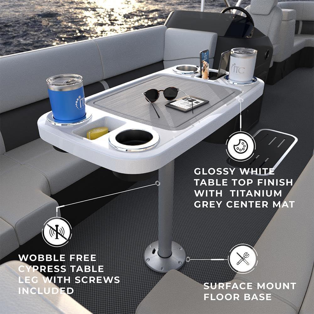 Manufacturers' Select ITC Boat Table Set - 18"x34" Removable Pontoon Boat Table with Center Non-Slip Mat, Pedestal Leg, 4 Drink Holders