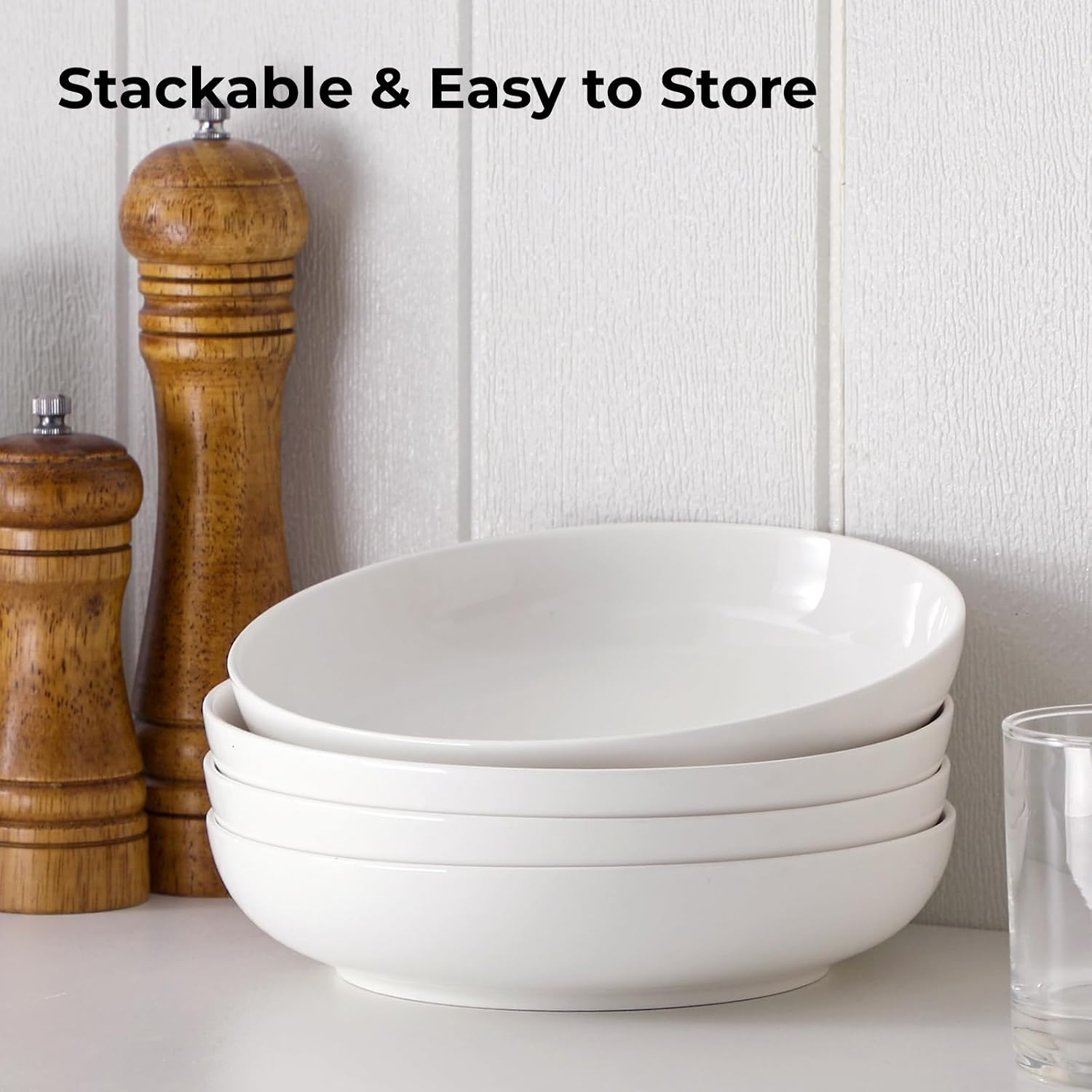 Y YHY 9.75" Large Pasta Bowls, 50 Ounces Big Salad Bowls, Ceramic Serving Bowl Set of 4, Wide and Shallow Bowls Set, Microwave and Dishwasher Safe, White