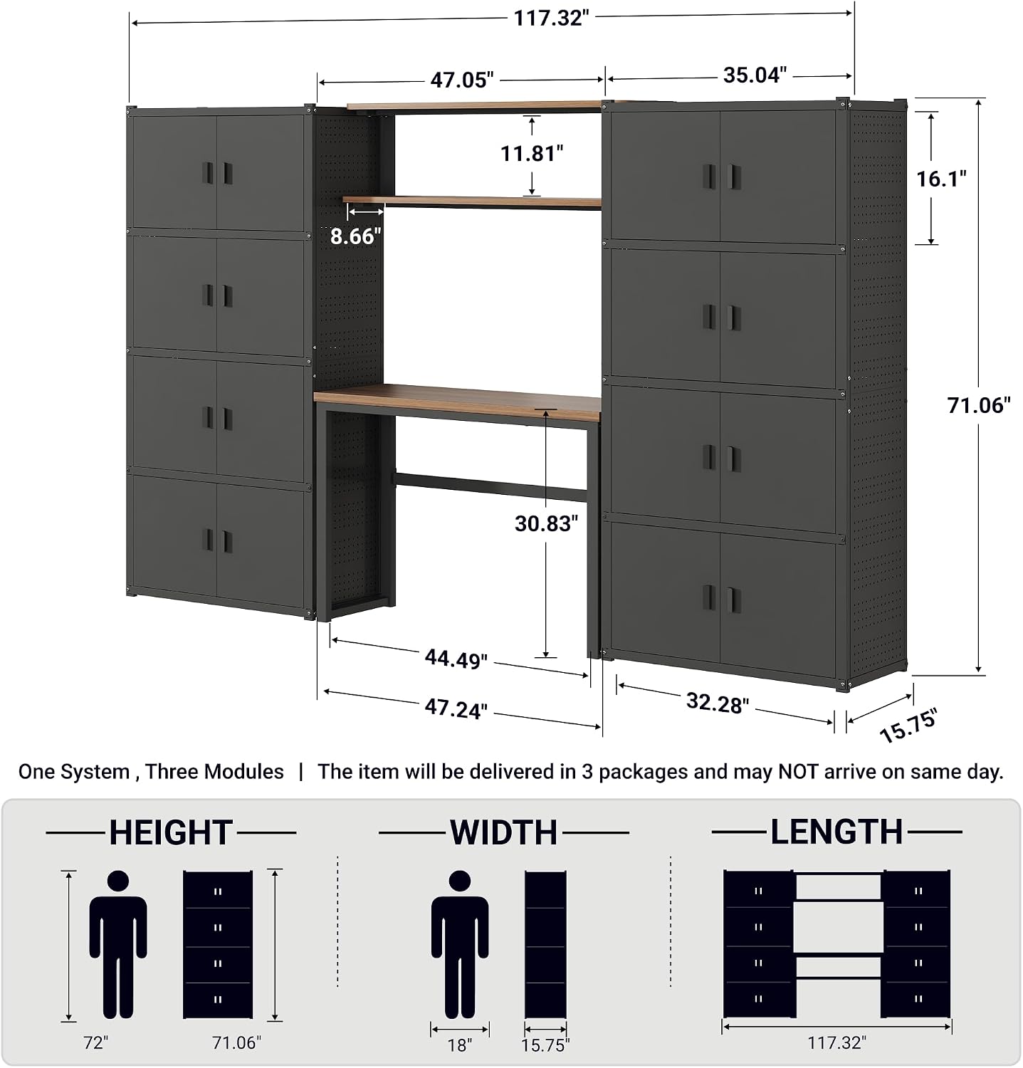 FLEXIMOUNTS 117"W Modular Garage Storage Cabinet with Workbench, Black | 6 Doors, 3700lbs capacity, Metal board shelf includes pegboard, 3-in-1 metal tool cabinet, 24-gauge steel, FLEXIMOD Series