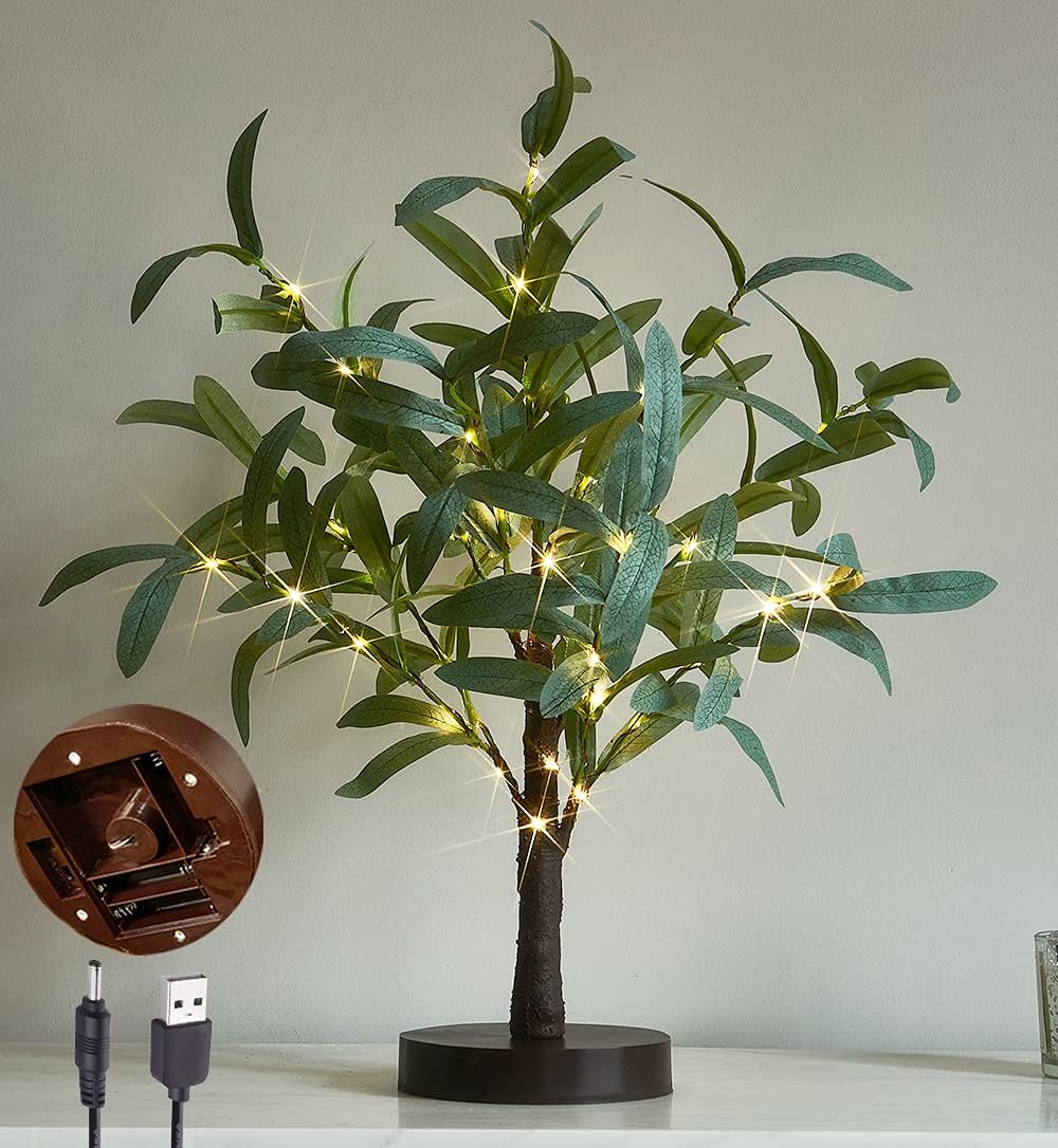 LITBLOOM Lighted Tabletop Olive Tree 18IN 50 LED Fairy Lights with Timer Battery Operated or USB Plug in Bonsai Tree for Wedding Christmas Spring