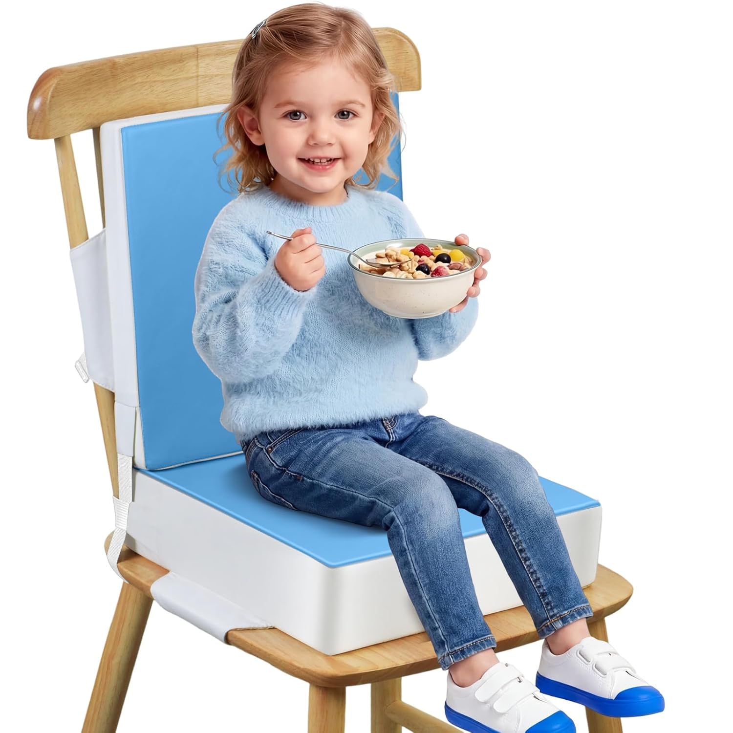 Booster Seat for Kitchen Chair - Toddler Booster Seat for Dining Table - PU Washable Double-Safety Straps with Buckle