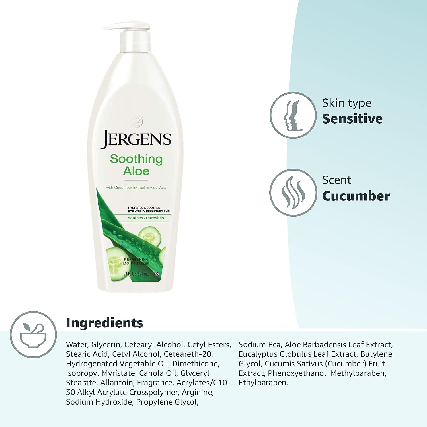 Jergens Soothing Aloe Body Lotion For Dry Skin, Moisturizer, 21 fl oz | Cucumber Extract, Hydralucence Blend, Smooths Texture, Enhances Radiance, Long-Lasting Moisture