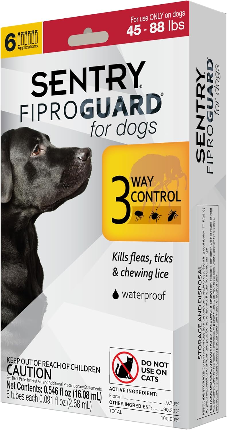 Sentry Fiproguard for Dogs, Flea and Tick Prevention for Dogs (23-44 Pounds), Includes 3 Month Supply of Topical Flea Treatments | Ideal for Medium Dogs 23-44 lbs; Kills Fleas, Ticks & Chewing Lice for 30 Days; 8 weeks+; Vet-Quality OTC Formula