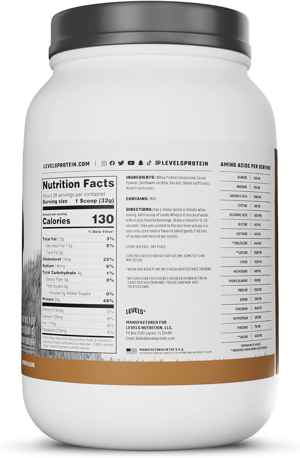 Levels Whey Protein Powder, No Artificial Ingredients, Pure Chocolate, 5LB | 24G of Protein, 5.4G BCAAs, Clean Ingredients, Hormone Free Dairy, No Fillers, No Added Sugar, No Junk
