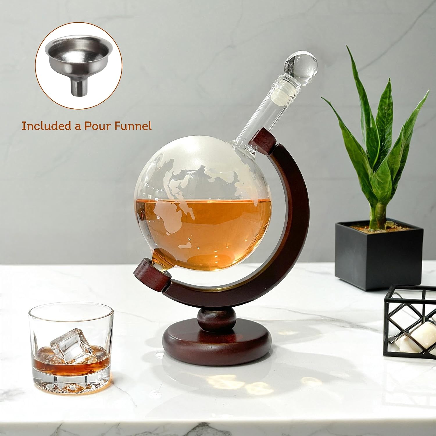 Lily's Home World Globe Whiskey Decanter with Dark Finished Wood Stand and Bar Funnel
