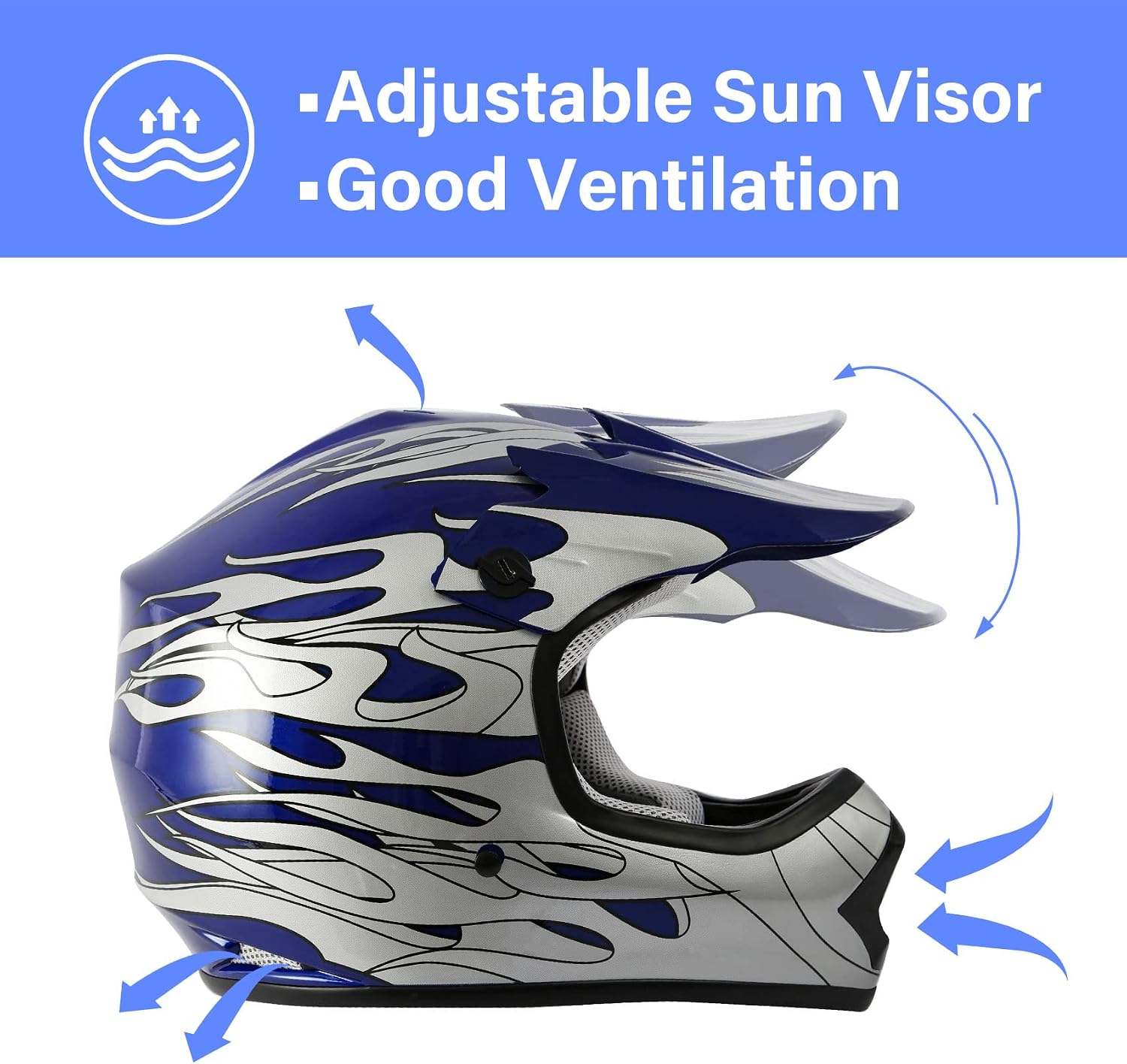 Kids Dirt Bike Helmet Youth Motorcycle Helmet DOT-Certified Full Face Helmets for Motocross ATV Off-Road Street Bike with Goggles & Gloves, Blue Flame Medium | Motorcycle Riding Gear included Goggles & Gloves, Ultra-Lightweight, For ATV UTV Off-Road, Blu…