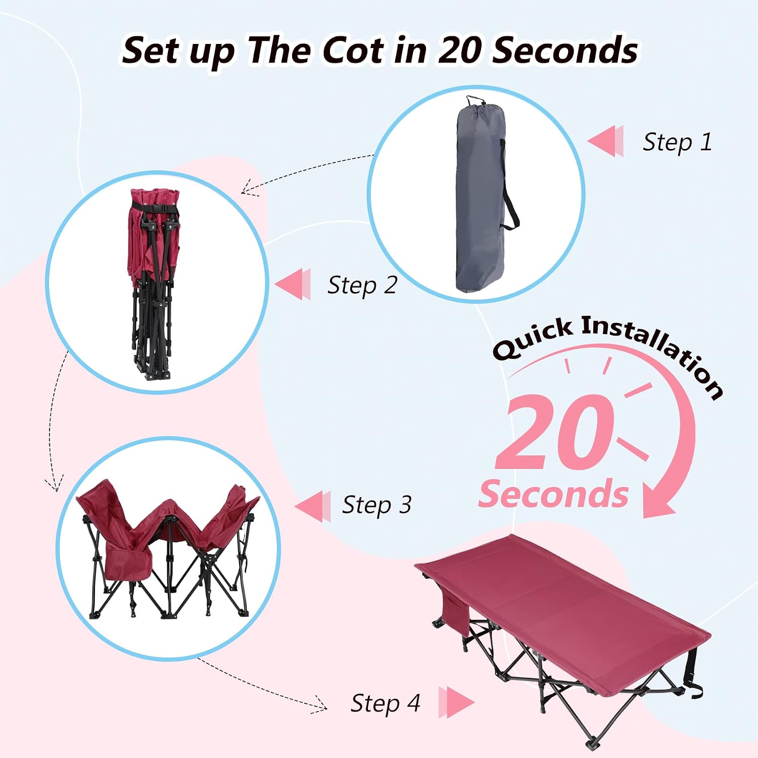 REDCAMP Extra Long Kids Cot for Camping 2-7 Years, Portable Travel Toddler Cot Bed with Carry Bag, Lightweight for Outdoor Indoor Home, Blue 53''x26''