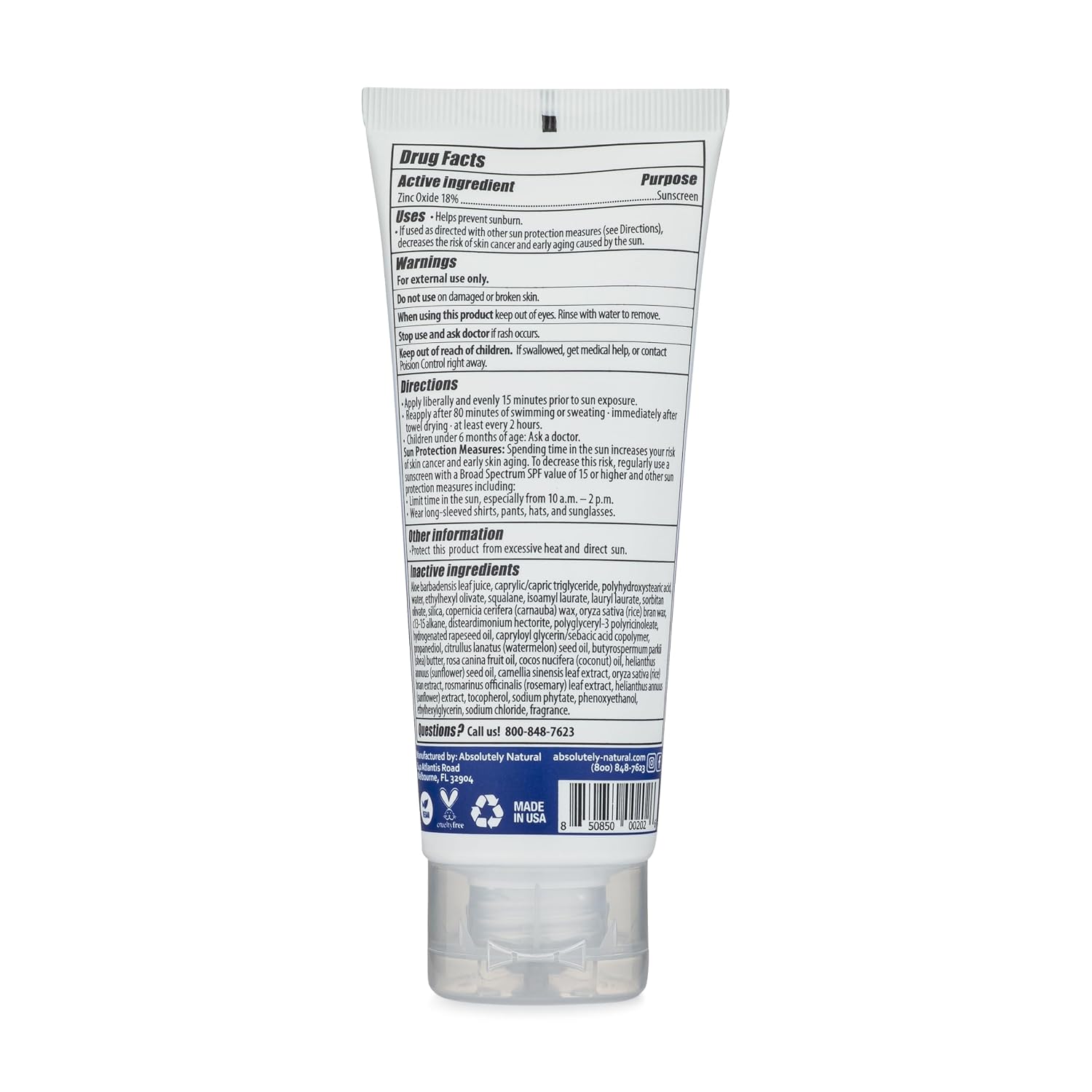 Absolutely Natural - SPF 15 Mineral Sunscreen - Broad Spectrum Water Resistant Moisturizer Lotion For Body & Face - With Non-Nano Zinc Oxide, Vitamin E, & Antioxidants - Made in USA, 3 Oz