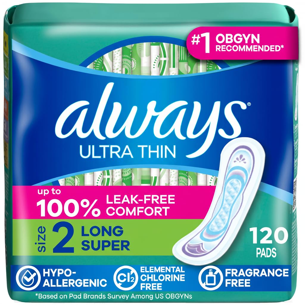 Always Ultra Thin Feminine Pads with Wings for Women, Size 2, Long Super Absorbency, Unscented, Up to 100% Leak-Free Protection, 58 Count