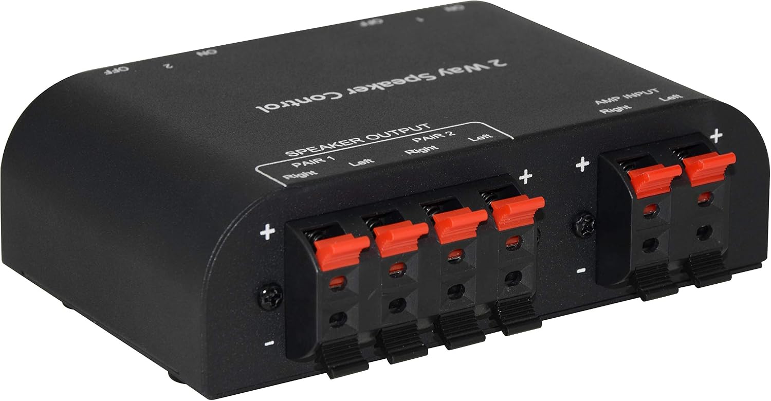 2 Way Speaker Switch, 1 in 2 Out Way Pair Stereo Speaker Selector W/Volume Control Metal Non-Slip Box - Black (61052), 9.0 x 3.25 x 1.5